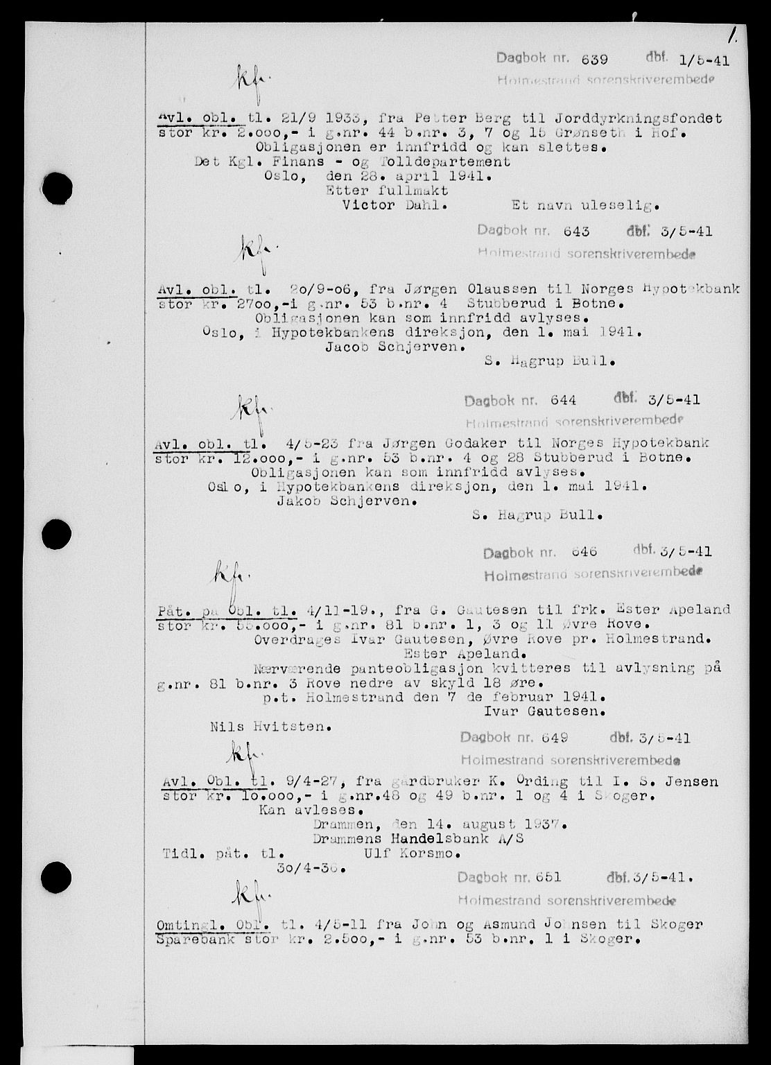 Holmestrand sorenskriveri, SAKO/A-67/G/Ga/Gab/L0052: Pantebok nr. B-52, 1941-1942, s. 1
