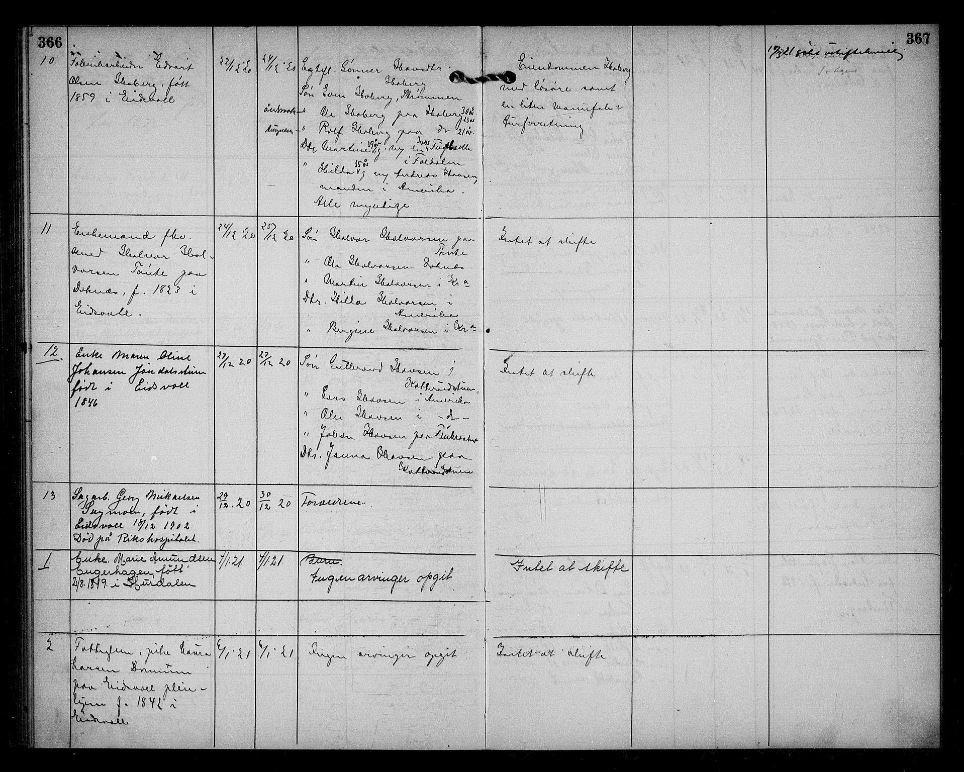 Eidsvoll lensmannskontor, SAO/A-10266a/H/Ha/Haa/L0004: Dødsfallprotokoll, 1912-1921, s. 366-367