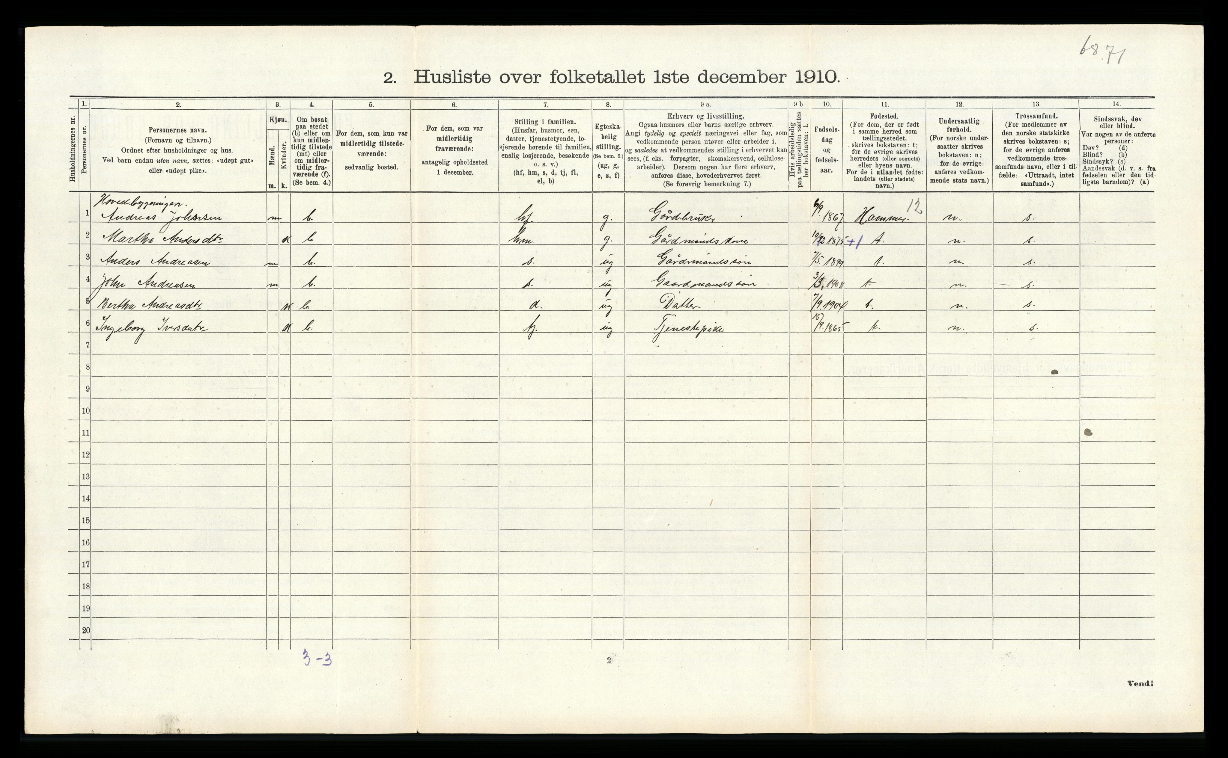 RA, Folketelling 1910 for 1250 Haus herred, 1910, s. 1233