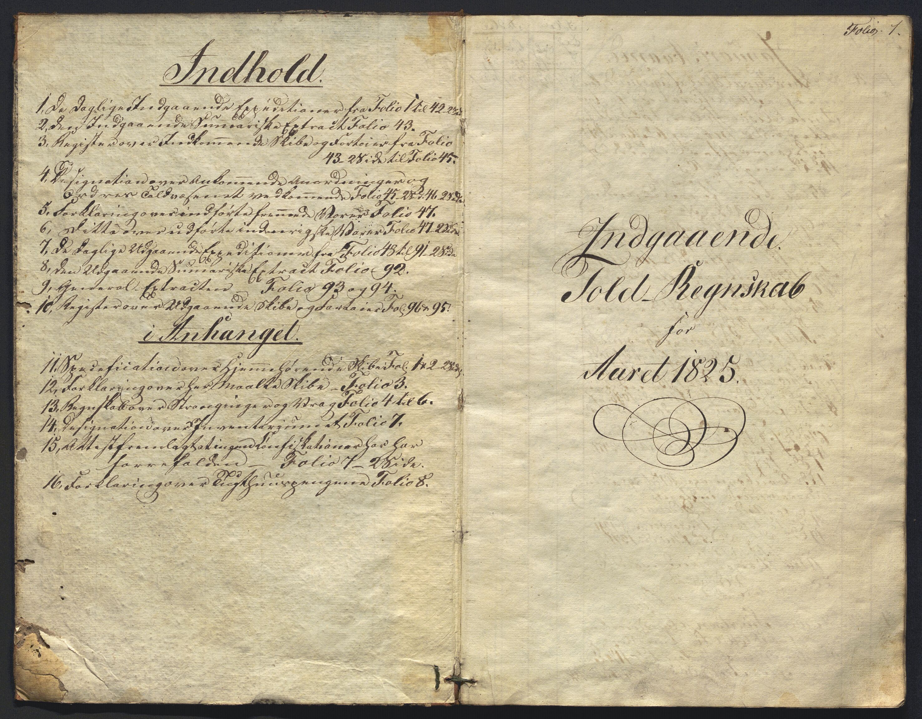 Revisjonsdepartementet, 2. revisjonskontor, AV/RA-S-1115/E/E015/L0059: Egersund: Tollbok, 1825, s. 1a