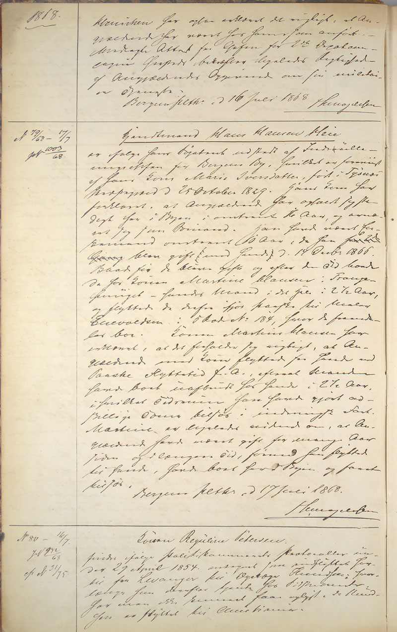 Bergen politikammer / politidistrikt, AV/SAB-A-60401/I/Ic, 1868-1874