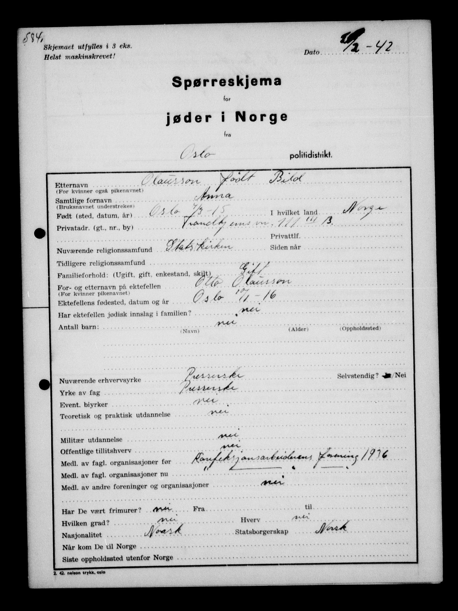 Statspolitiet - Hovedkontoret / Osloavdelingen, AV/RA-S-1329/G/Ga/L0010: Spørreskjema for jøder i Norge, Oslo Hansen-Pintzow, 1942, s. 972