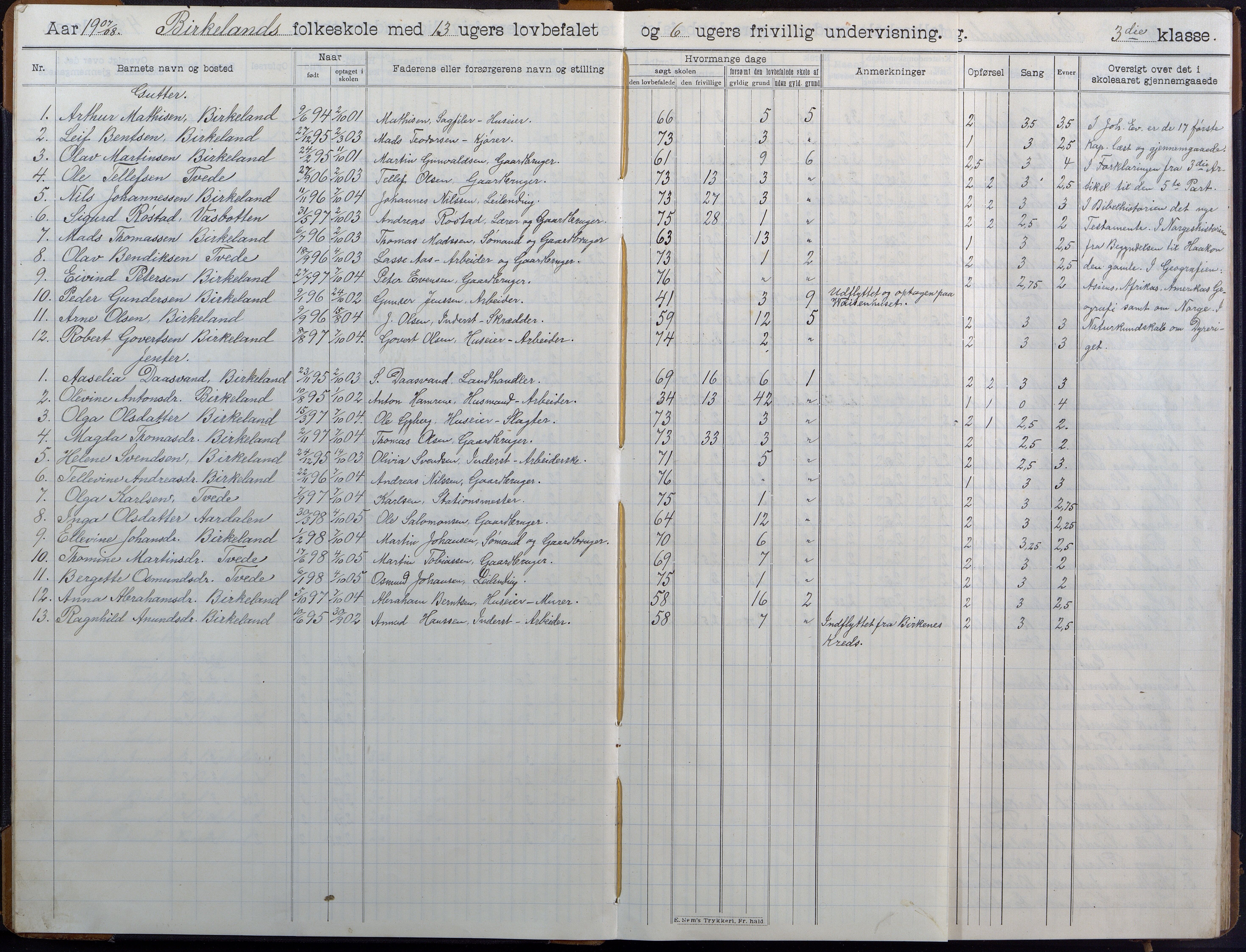 Birkenes kommune, Birkenes krets/Birkeland folkeskole frem til 1991, AAKS/KA0928-550a_91/F02/L0007: Skoleprotokoll, 1907-1931