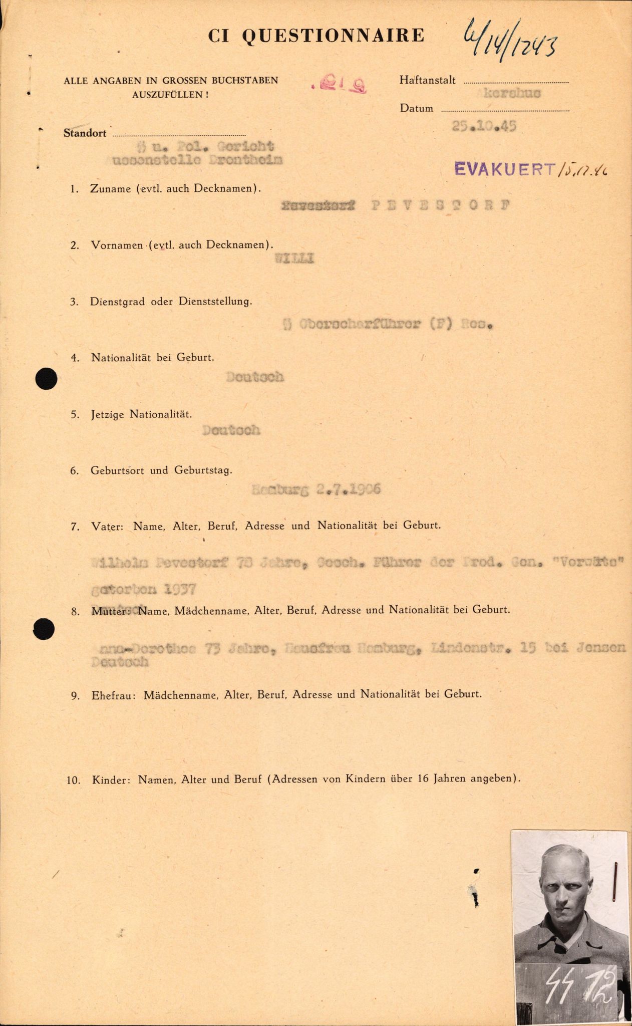 Forsvaret, Forsvarets overkommando II, AV/RA-RAFA-3915/D/Db/L0026: CI Questionaires. Tyske okkupasjonsstyrker i Norge. Tyskere., 1945-1946, s. 49