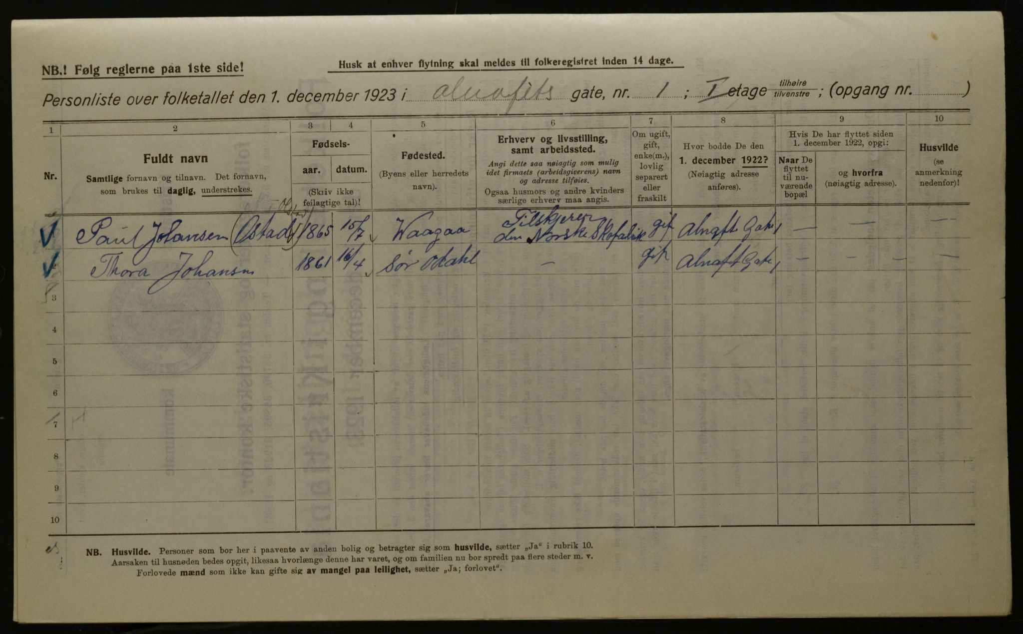 OBA, Kommunal folketelling 1.12.1923 for Kristiania, 1923, s. 1278