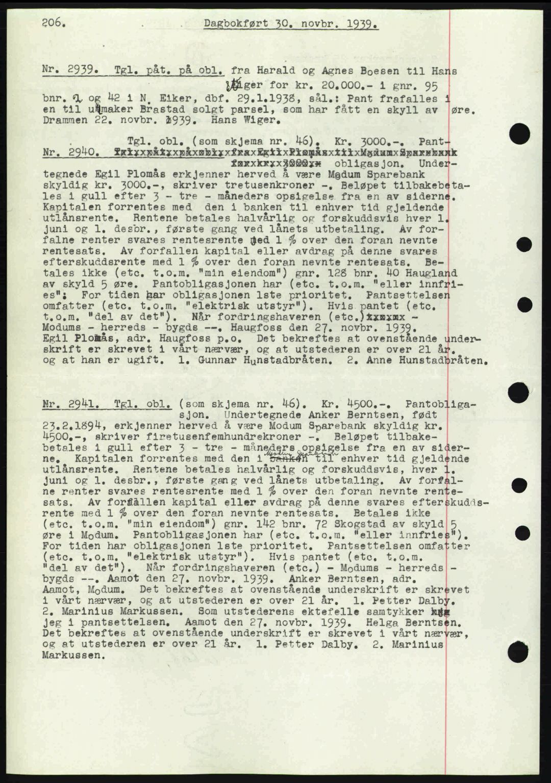 Eiker, Modum og Sigdal sorenskriveri, SAKO/A-123/G/Ga/Gab/L0041: Pantebok nr. A11, 1939-1940, Dagboknr: 2939/1939