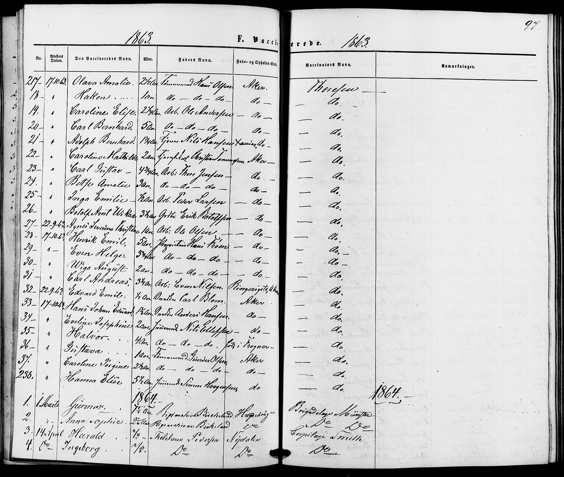 Vestre Aker prestekontor Kirkebøker, AV/SAO-A-10025/K/Ka/L0001: Vaksinasjonsprotokoll nr. 1, 1857-1867, s. 97