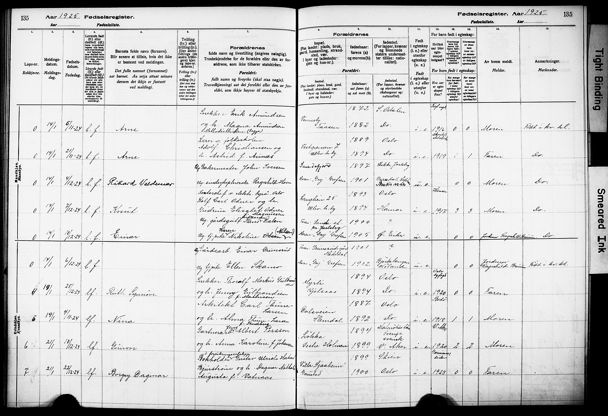 Vestre Aker prestekontor Kirkebøker, AV/SAO-A-10025/J/Ja/L0002: Fødselsregister nr. 2, 1922-1926, s. 135