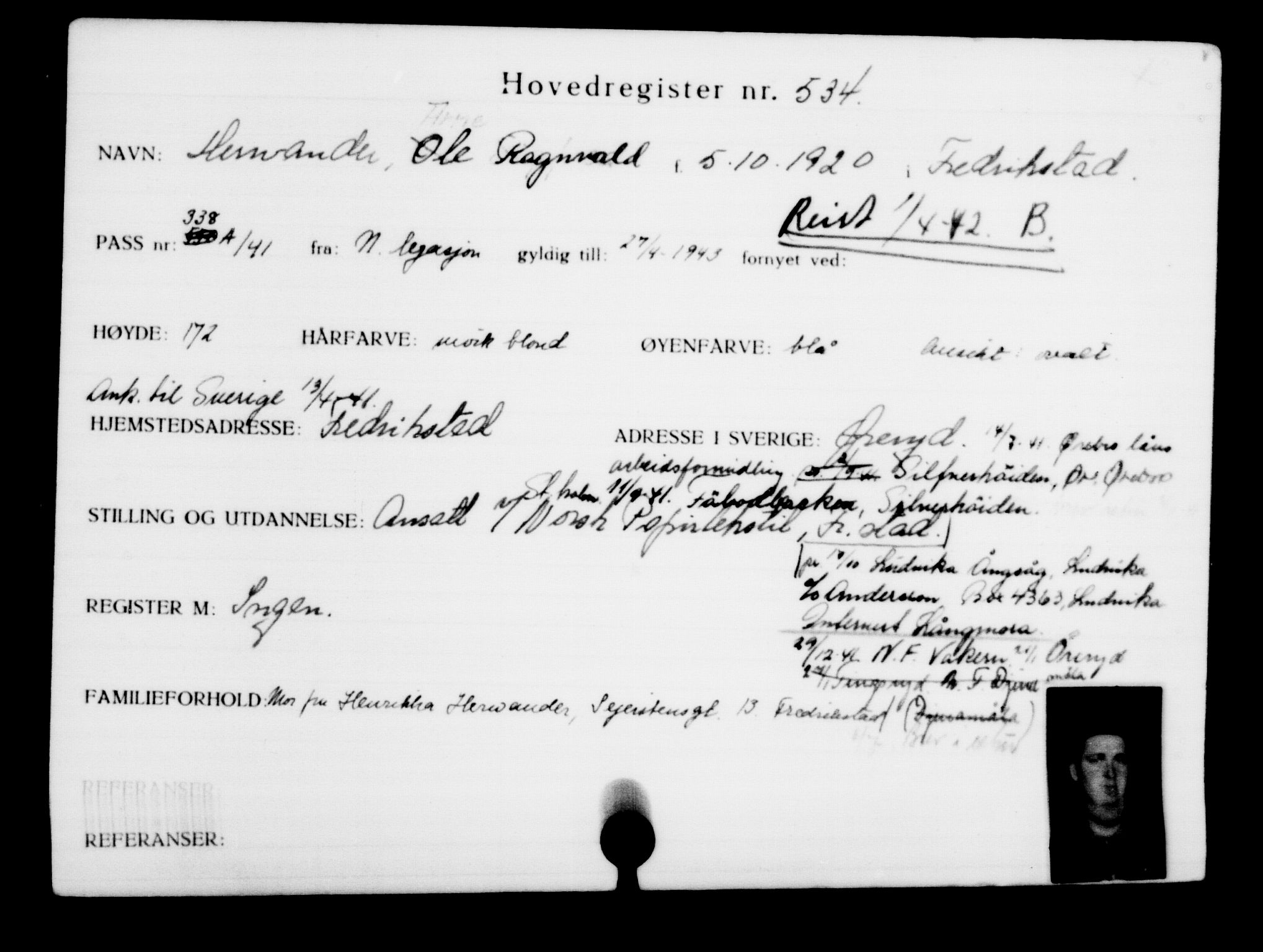 Utenriksstasjonene, Legasjonen i Stockholm, Flyktningkontoret, AV/RA-S-6753/V/Va/L0001: Kjesäterkartoteket, flyktninger med registreringsnr. 1-1000, 1940-1945, s. 828