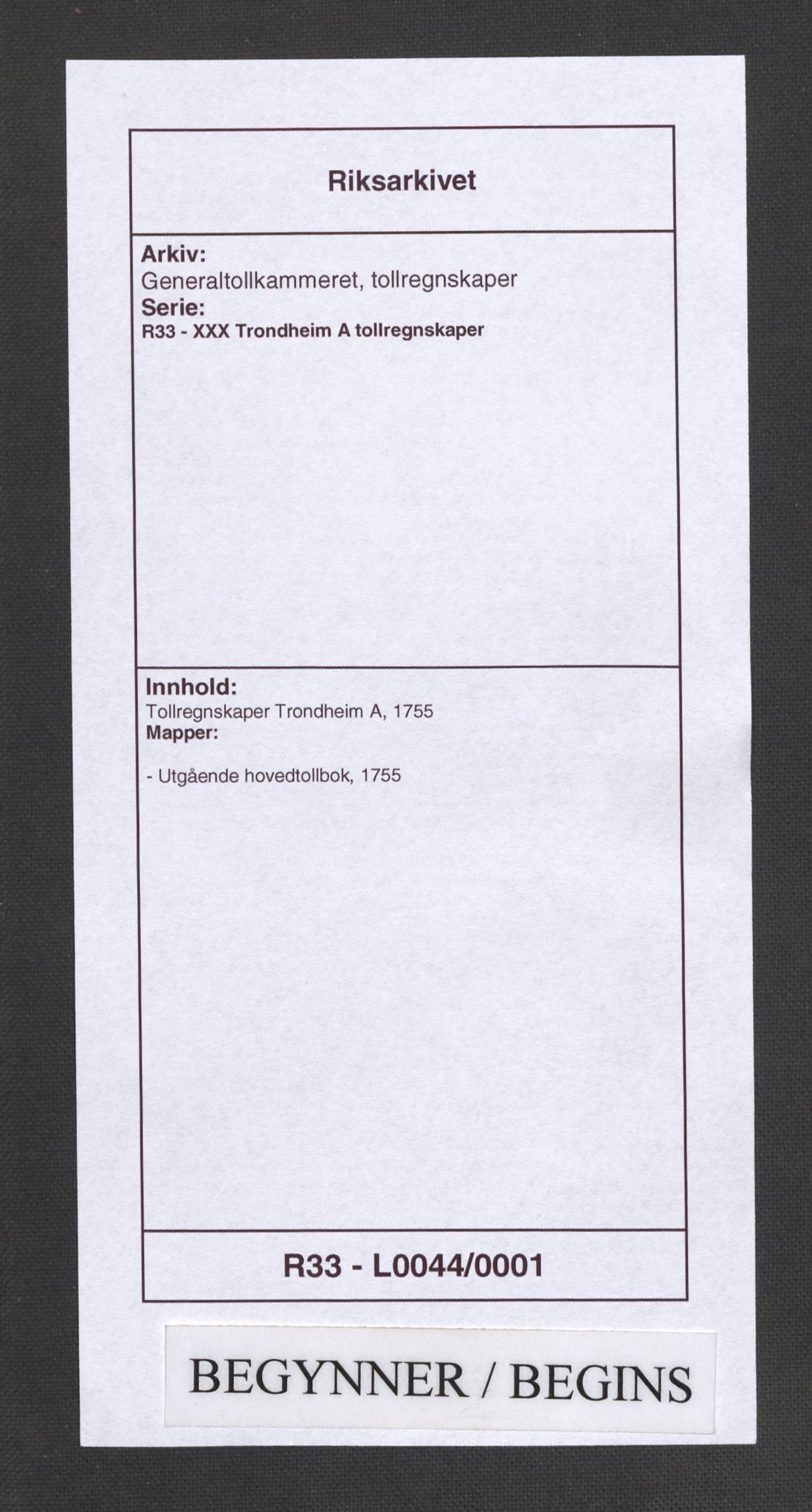 Generaltollkammeret, tollregnskaper, RA/EA-5490/R33/L0044/0001: Tollregnskaper Trondheim A / Utgående hovedtollbok, 1755