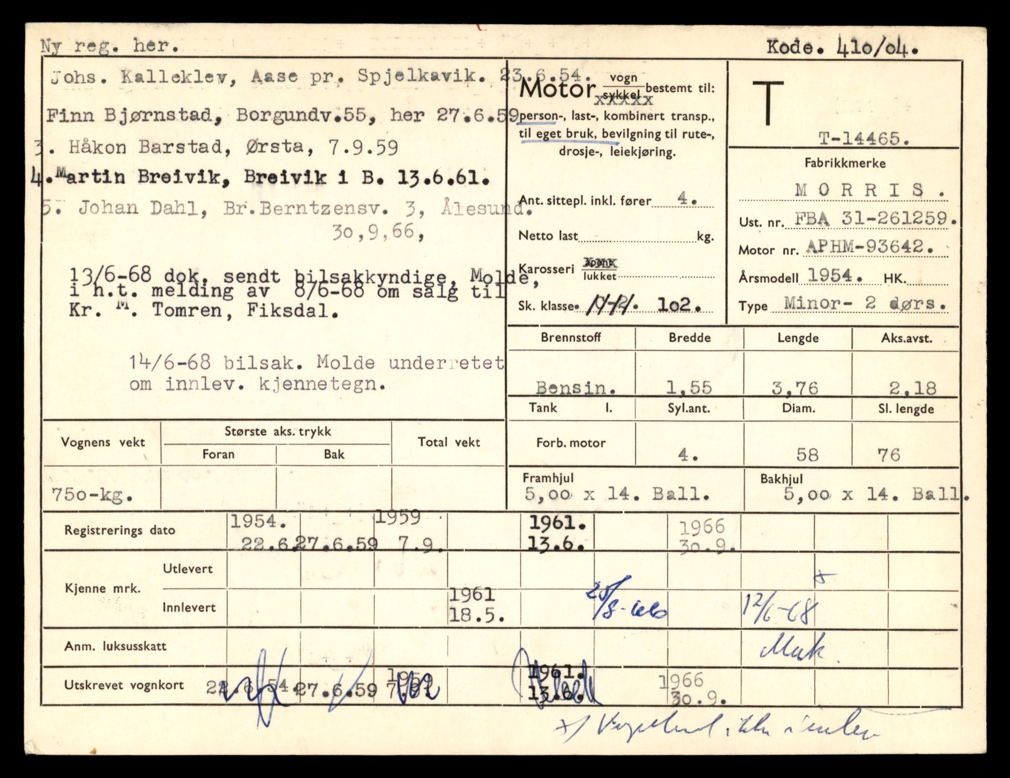 Møre og Romsdal vegkontor - Ålesund trafikkstasjon, AV/SAT-A-4099/F/Fe/L0046: Registreringskort for kjøretøy T 14445 - T 14579, 1927-1998