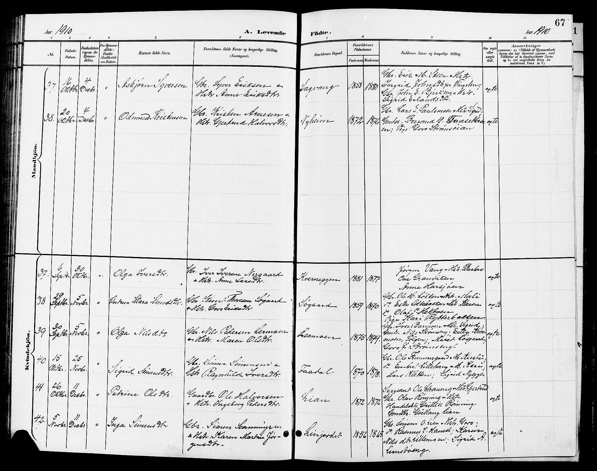 Tynset prestekontor, AV/SAH-PREST-058/H/Ha/Hab/L0009: Klokkerbok nr. 9, 1900-1914, s. 67