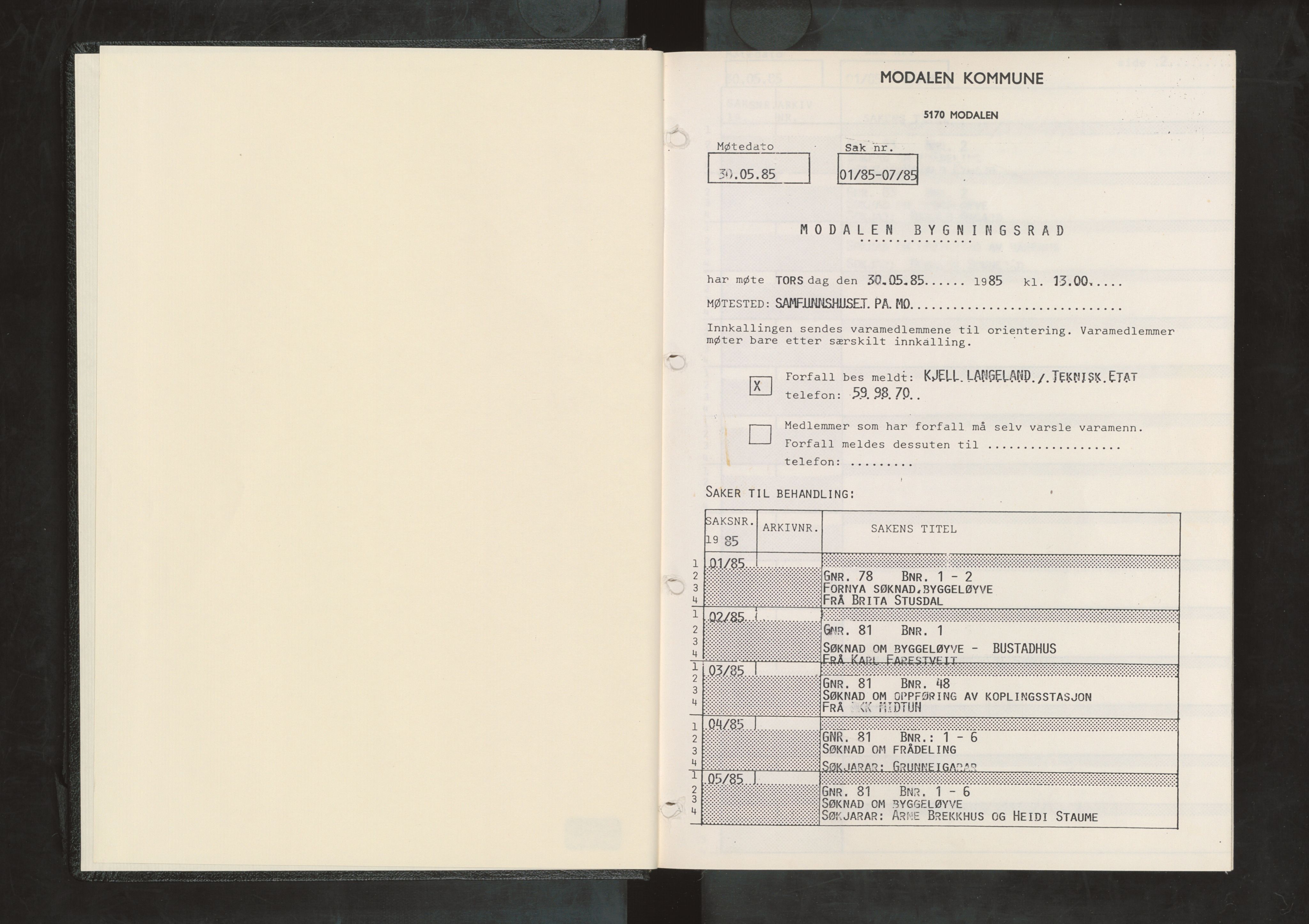 Modalen kommune. Bygningsrådet, IKAH/1252-511/A/Aa/L0002: Møtebok for Modalen bygningsråd, 1985-1990