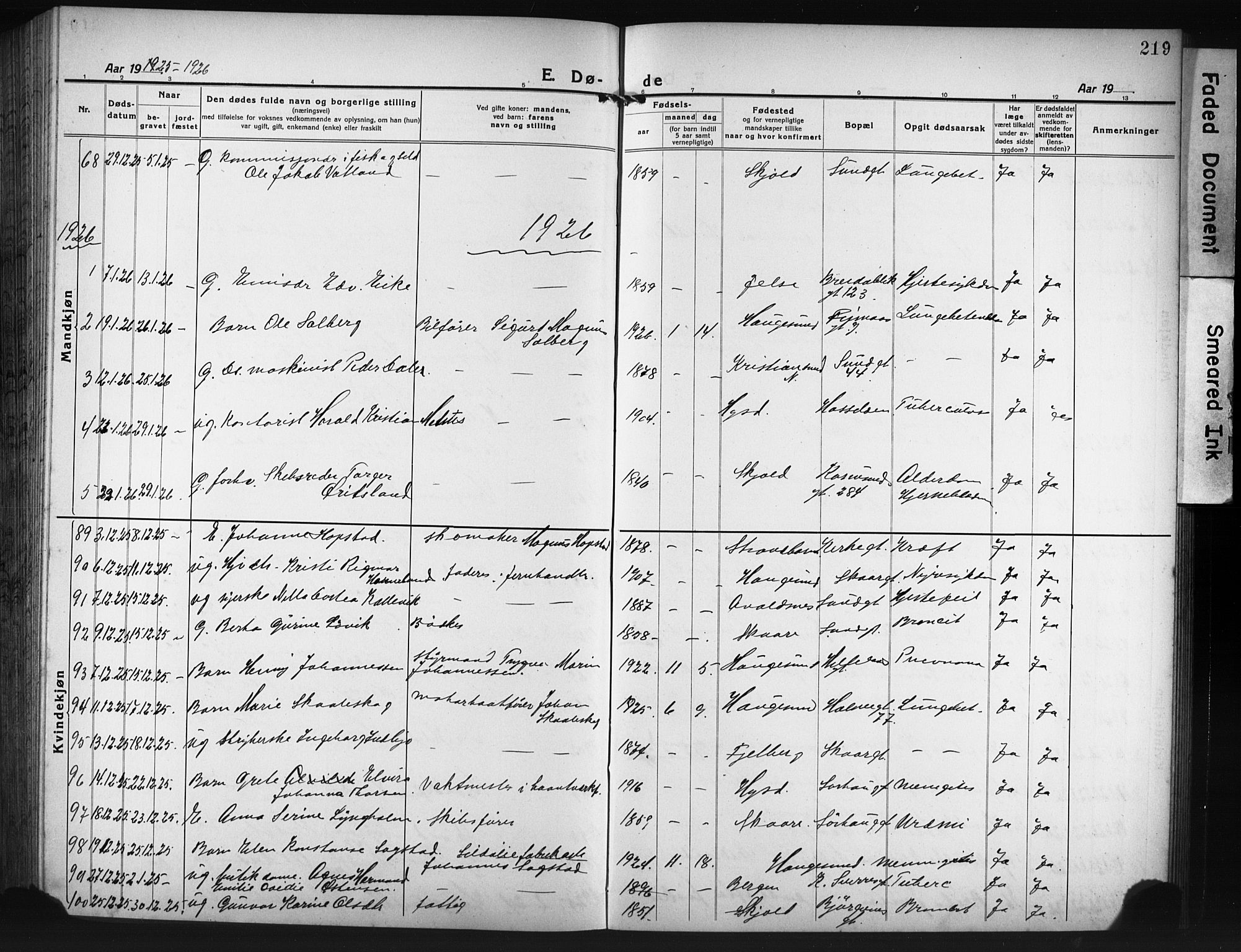 Haugesund sokneprestkontor, AV/SAST-A -101863/H/Ha/Hab/L0010: Klokkerbok nr. B 10, 1920-1931, s. 219