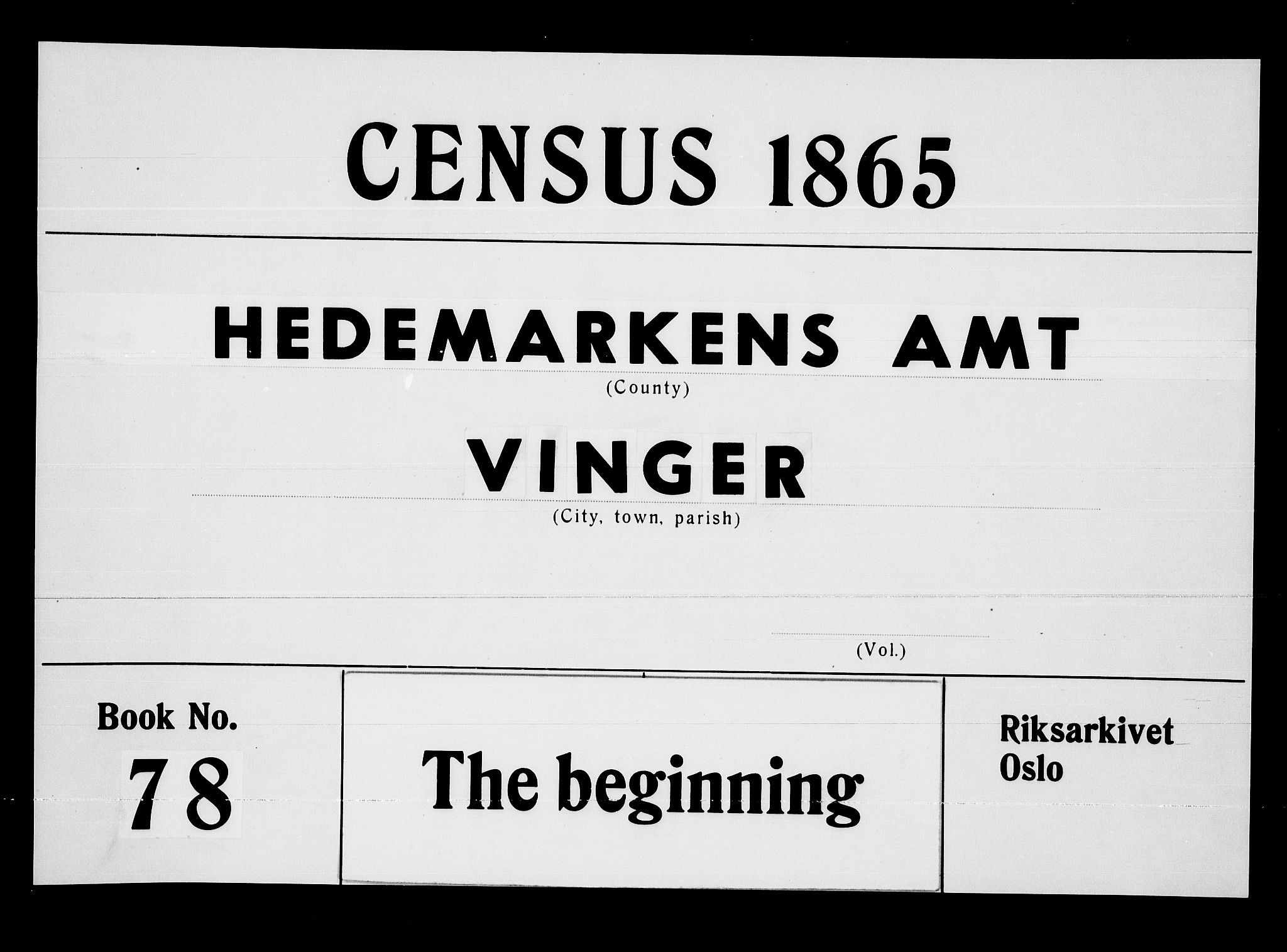 RA, Folketelling 1865 for 0421L Vinger prestegjeld, Vinger sokn og Austmarka sokn, 1865, s. 1