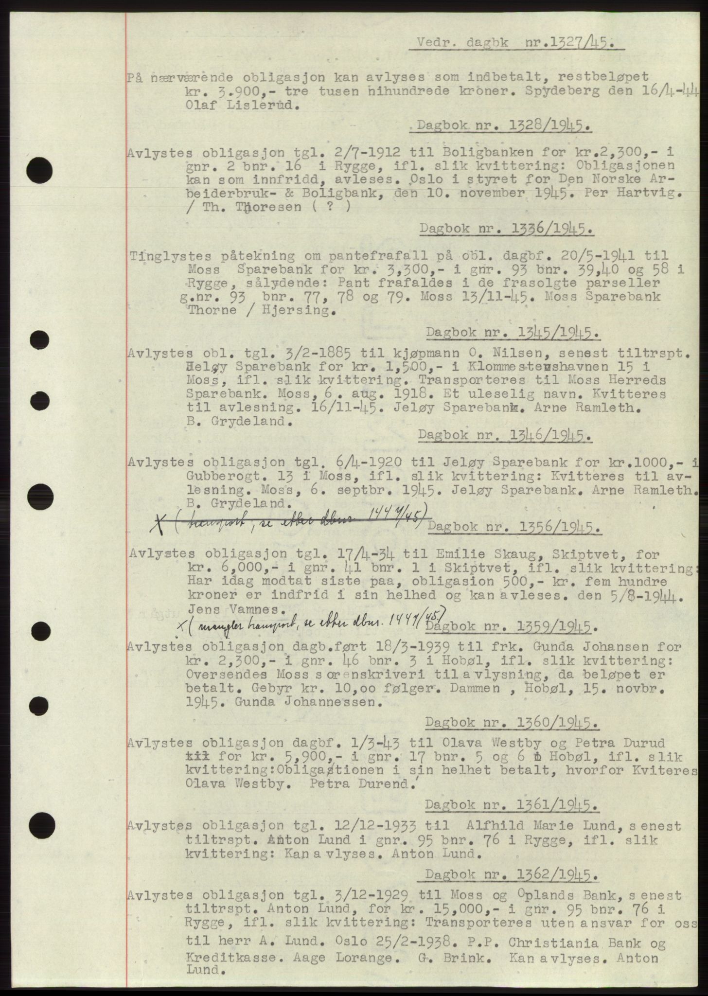 Moss sorenskriveri, SAO/A-10168: Pantebok nr. C10, 1938-1950, Dagboknr: 1327/1945