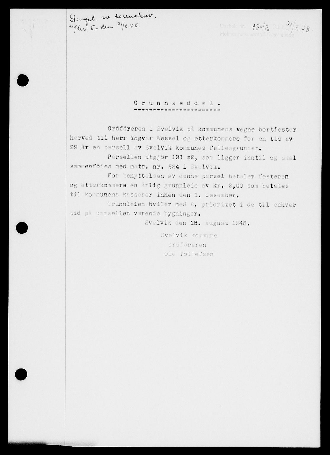 Holmestrand sorenskriveri, SAKO/A-67/G/Ga/Gaa/L0064: Pantebok nr. A-64, 1948-1948, Dagboknr: 1542/1948