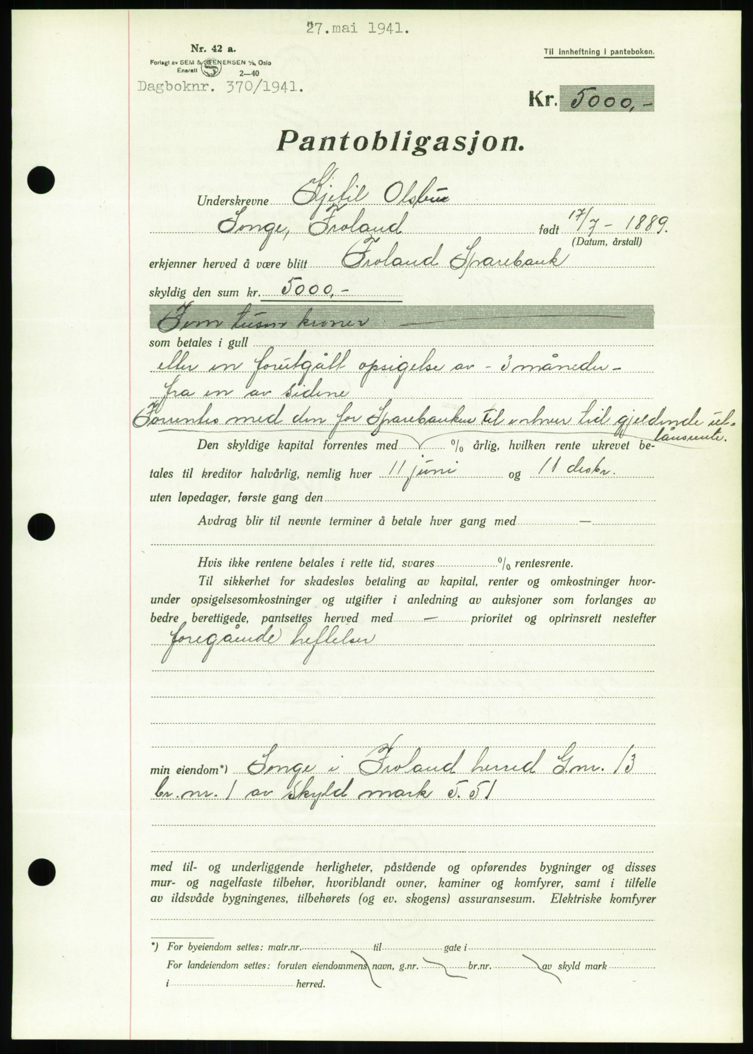 Nedenes sorenskriveri, SAK/1221-0006/G/Gb/Gbb/L0001: Pantebok nr. I, 1939-1942, Dagboknr: 370/1941