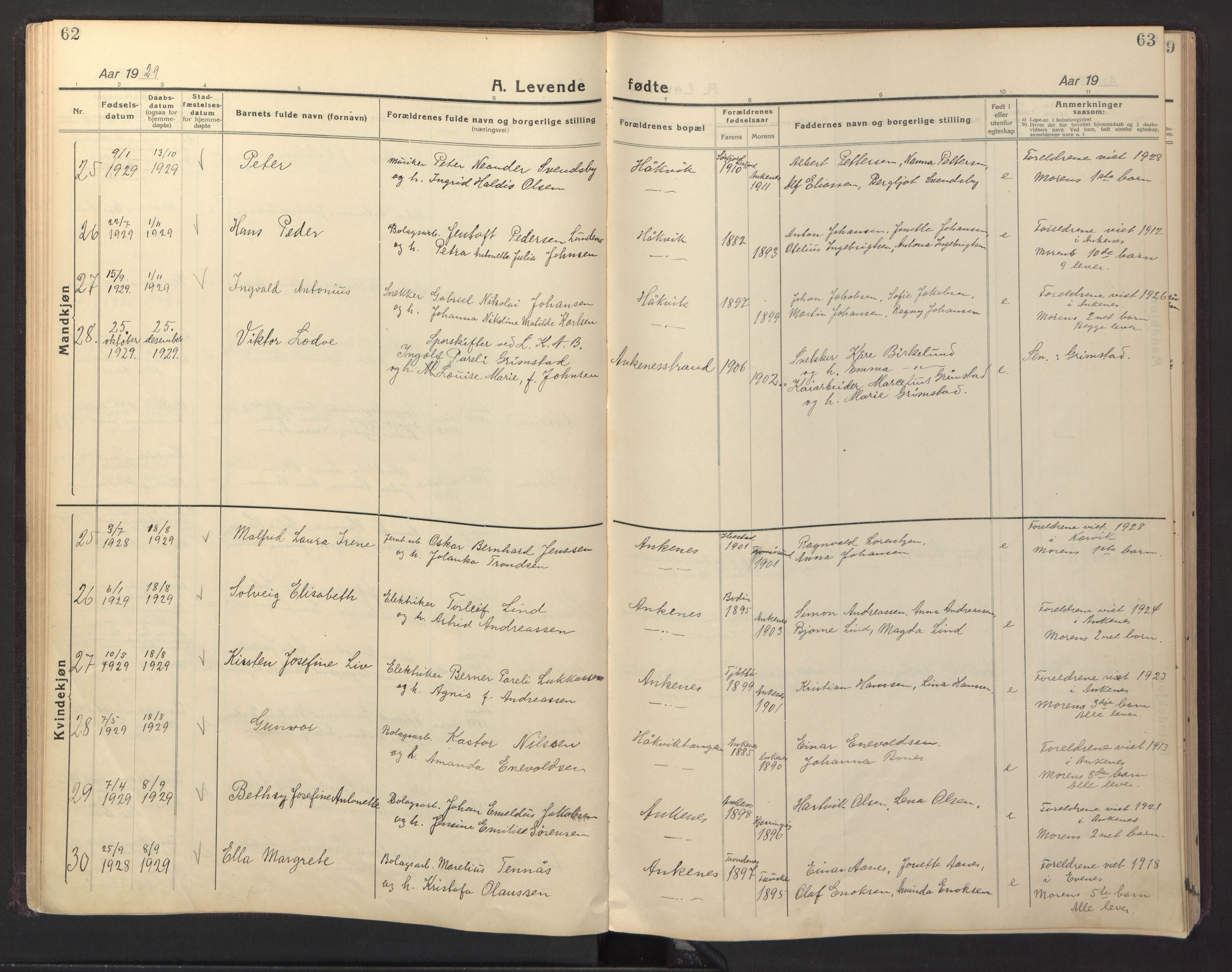 Ministerialprotokoller, klokkerbøker og fødselsregistre - Nordland, AV/SAT-A-1459/866/L0960: Klokkerbok nr. 866C09, 1924-1947, s. 62-63