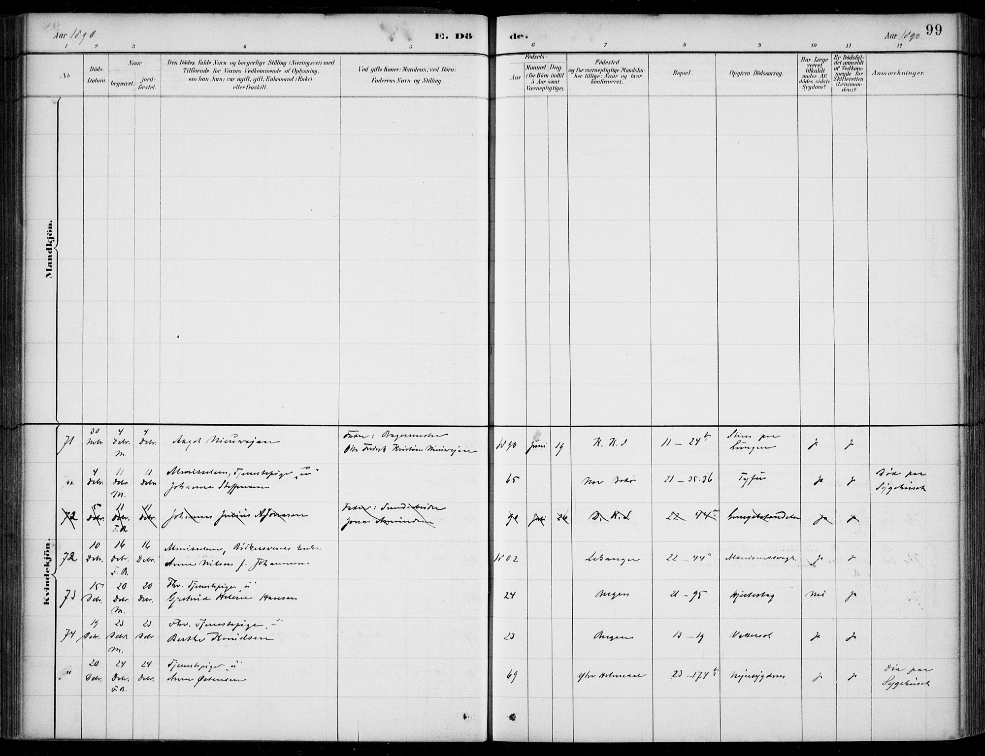 Korskirken sokneprestembete, AV/SAB-A-76101/H/Hab: Klokkerbok nr. E 4, 1884-1910, s. 99