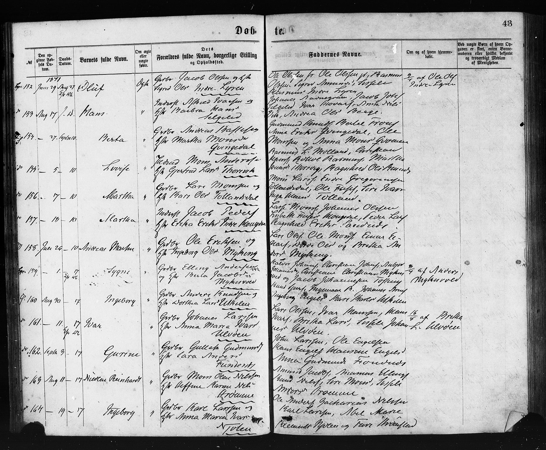 Lindås Sokneprestembete, AV/SAB-A-76701/H/Haa/Haaa/L0018: Ministerialbok nr. A 18, 1869-1885, s. 43