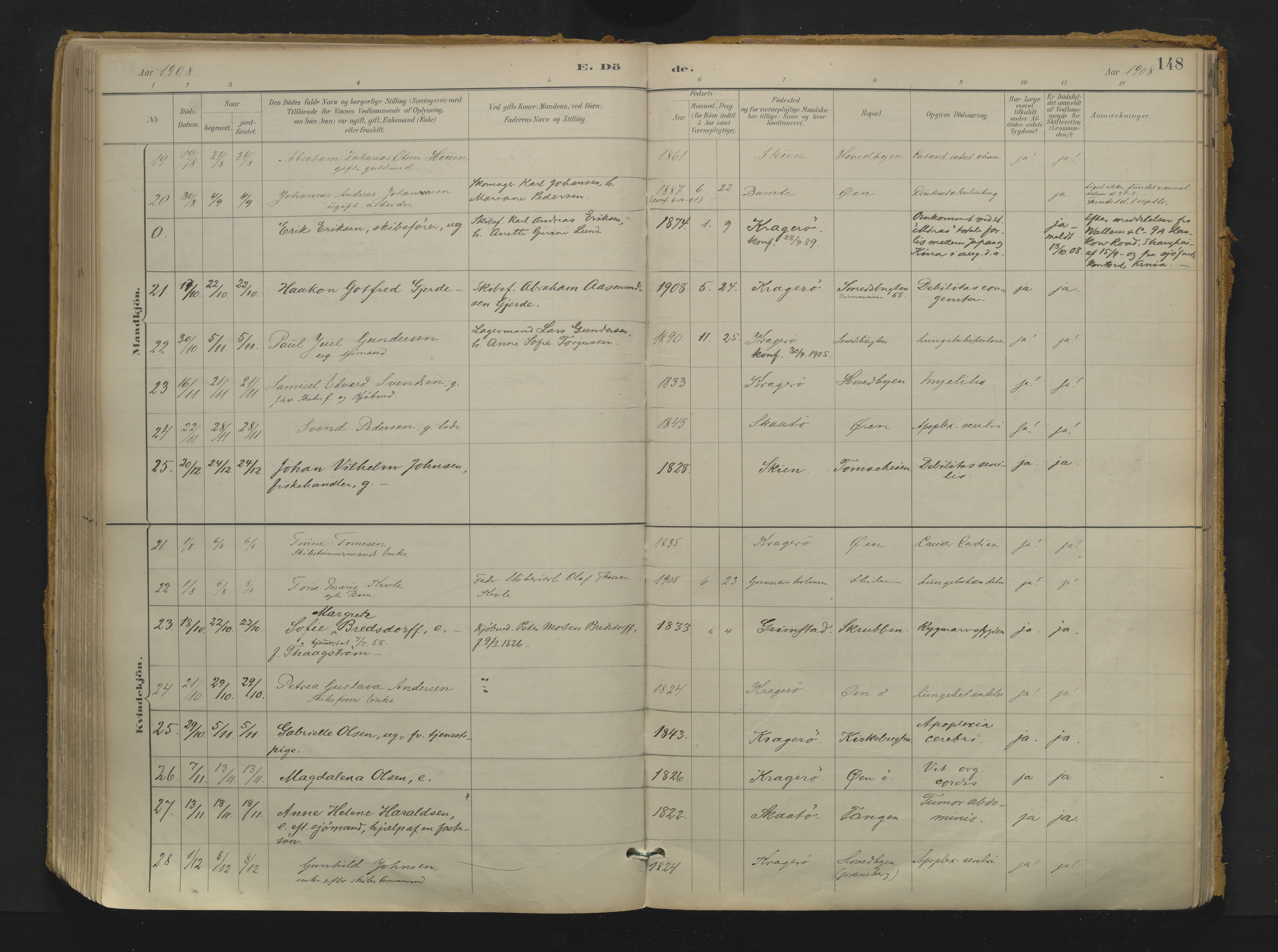 Kragerø kirkebøker, AV/SAKO-A-278/F/Fa/L0017: Ministerialbok nr. 17, 1886-1923, s. 148