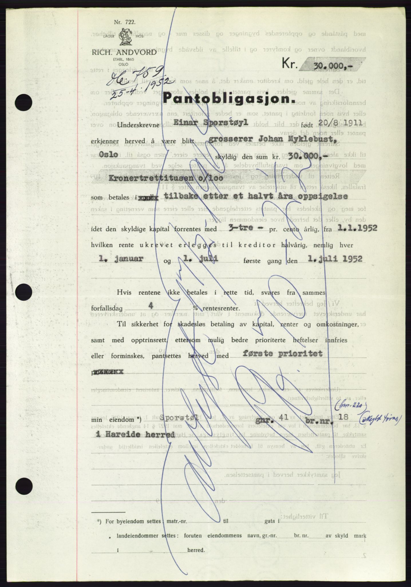 Søre Sunnmøre sorenskriveri, AV/SAT-A-4122/1/2/2C/L0121: Pantebok nr. 9B, 1951-1952, Dagboknr: 759/1952