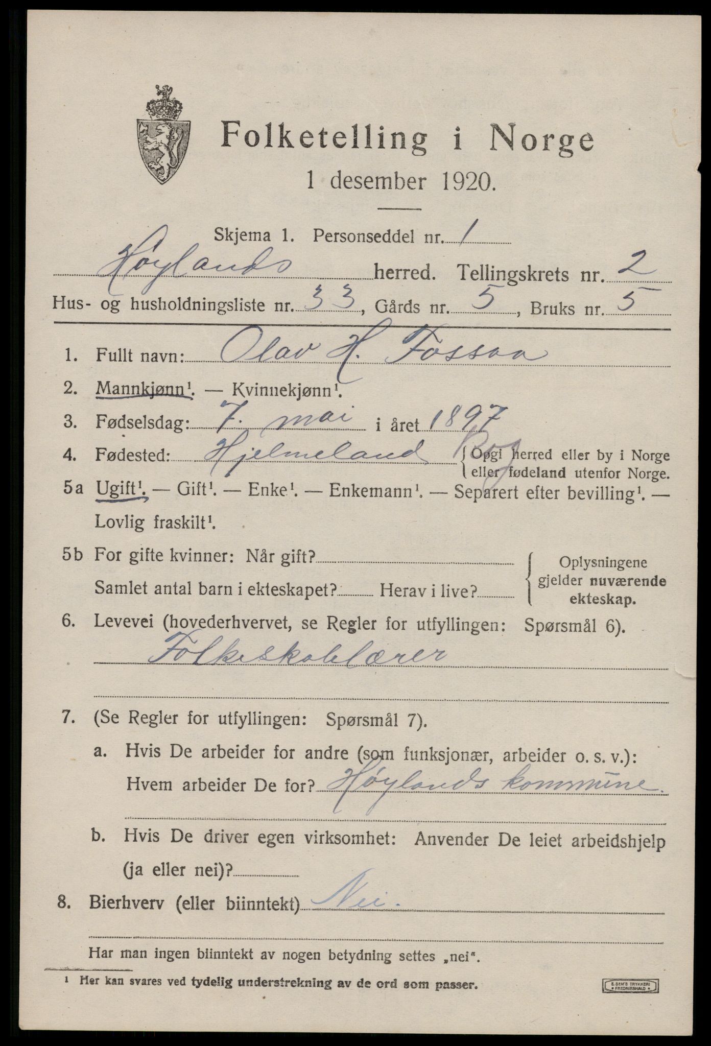 SAST, Folketelling 1920 for 1123 Høyland herred, 1920, s. 3012