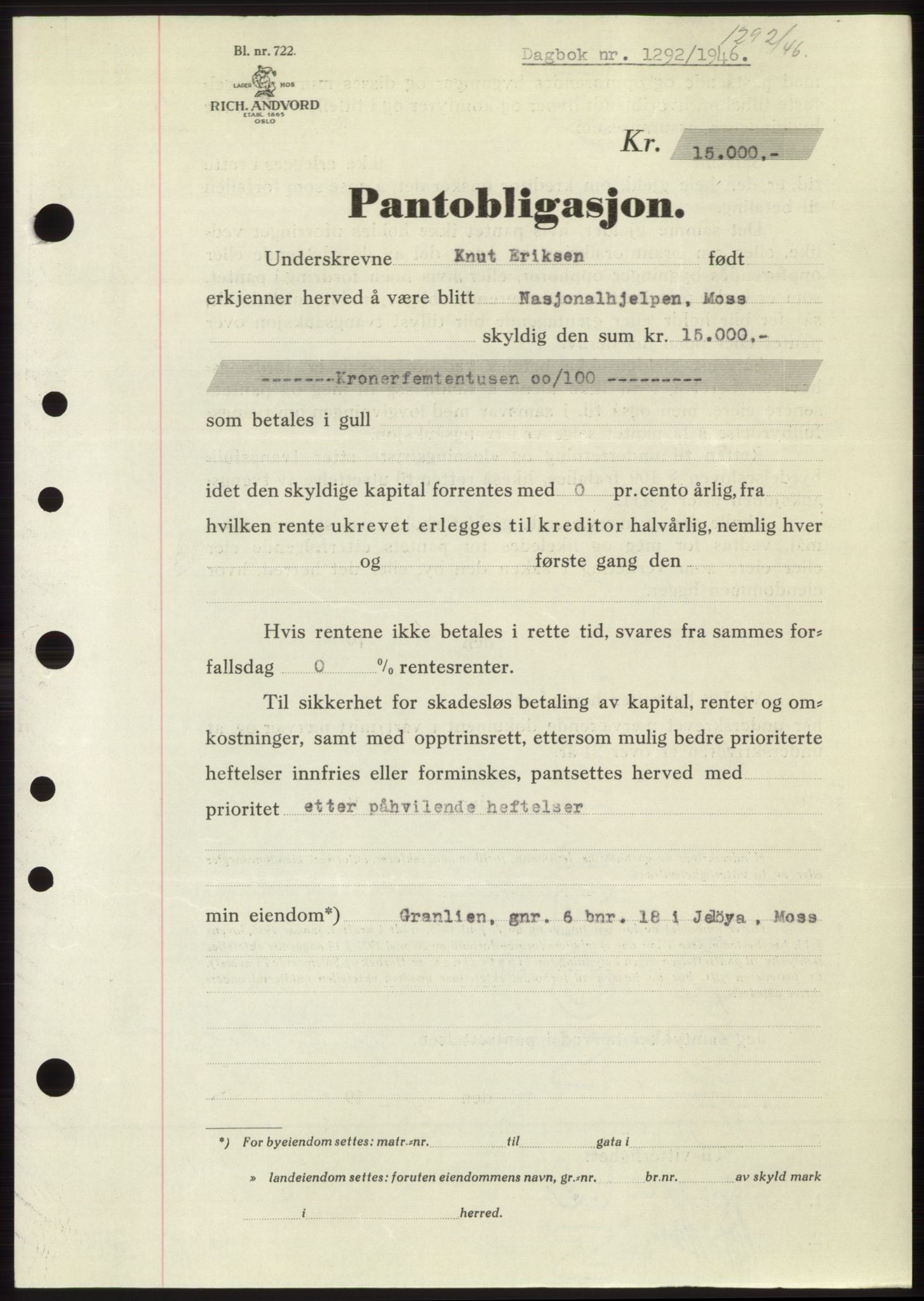 Moss sorenskriveri, SAO/A-10168: Pantebok nr. B15, 1946-1946, Dagboknr: 1292/1946
