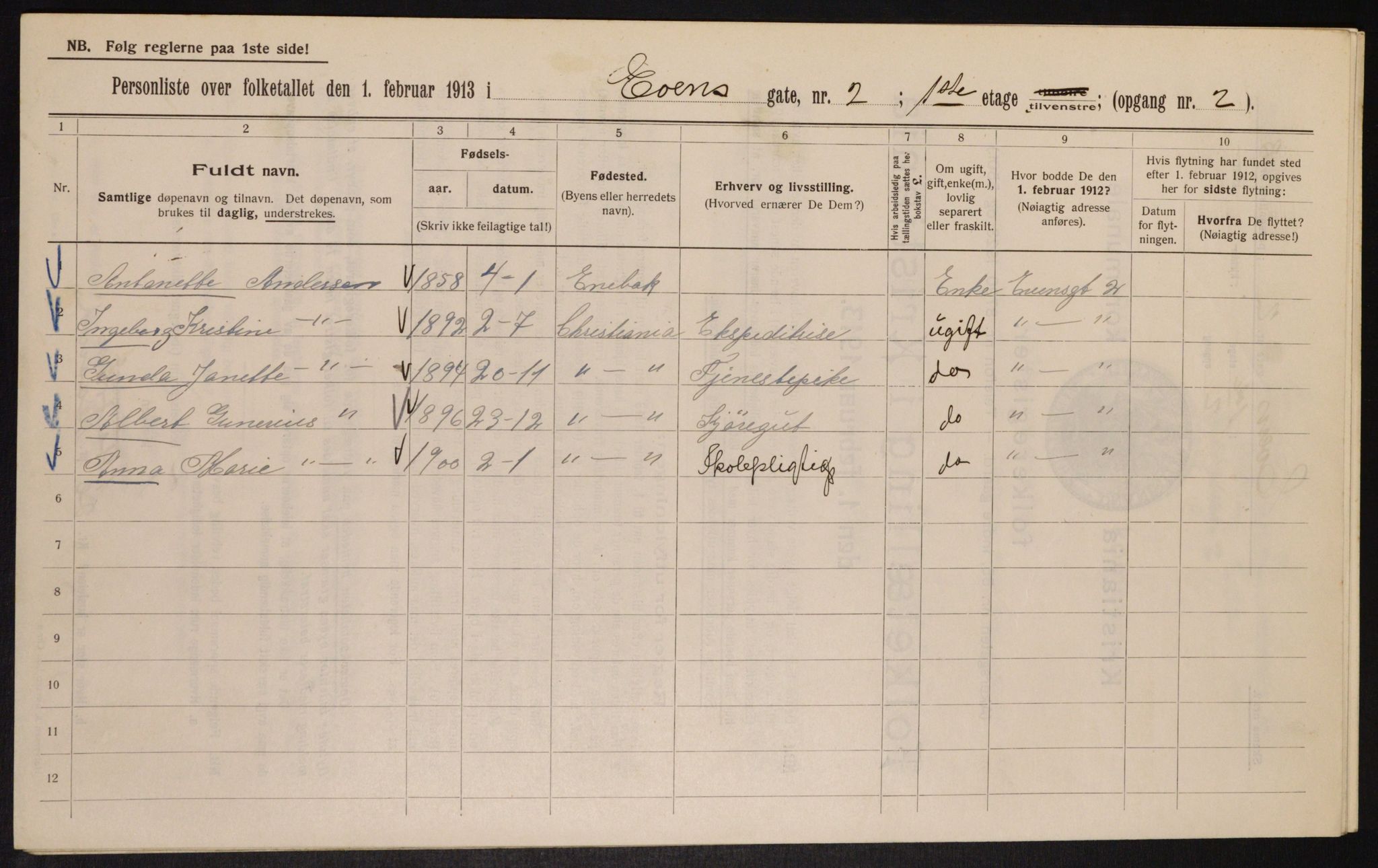 OBA, Kommunal folketelling 1.2.1913 for Kristiania, 1913, s. 23002