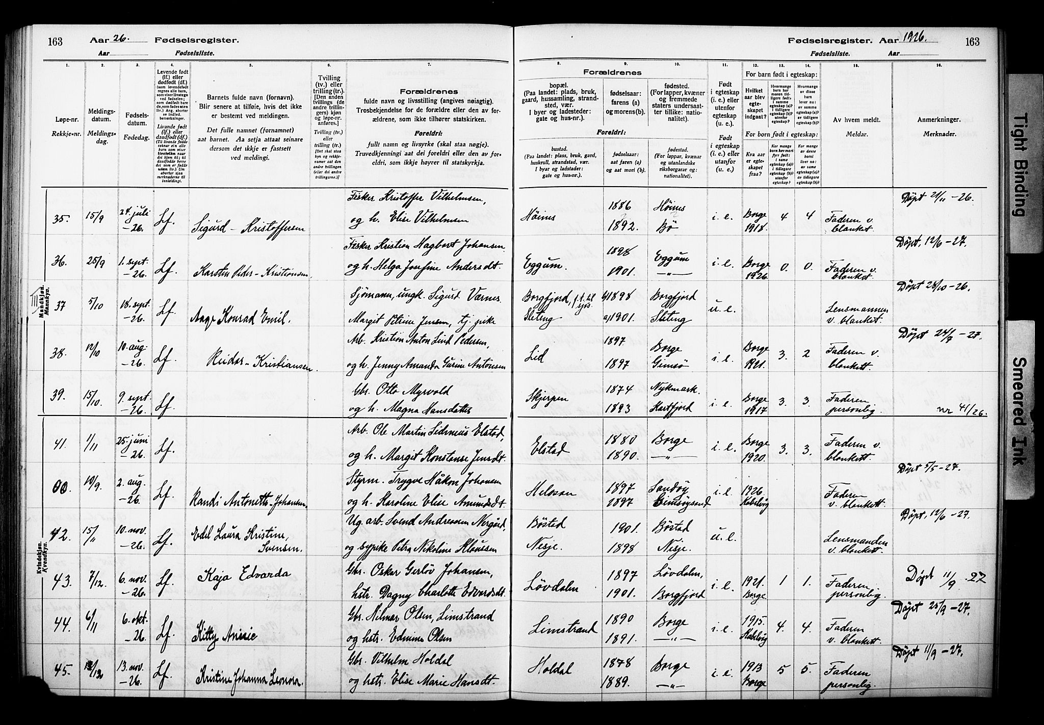 Ministerialprotokoller, klokkerbøker og fødselsregistre - Nordland, AV/SAT-A-1459/880/L1145: Fødselsregister nr. 880.II.4.1, 1916-1929, s. 163