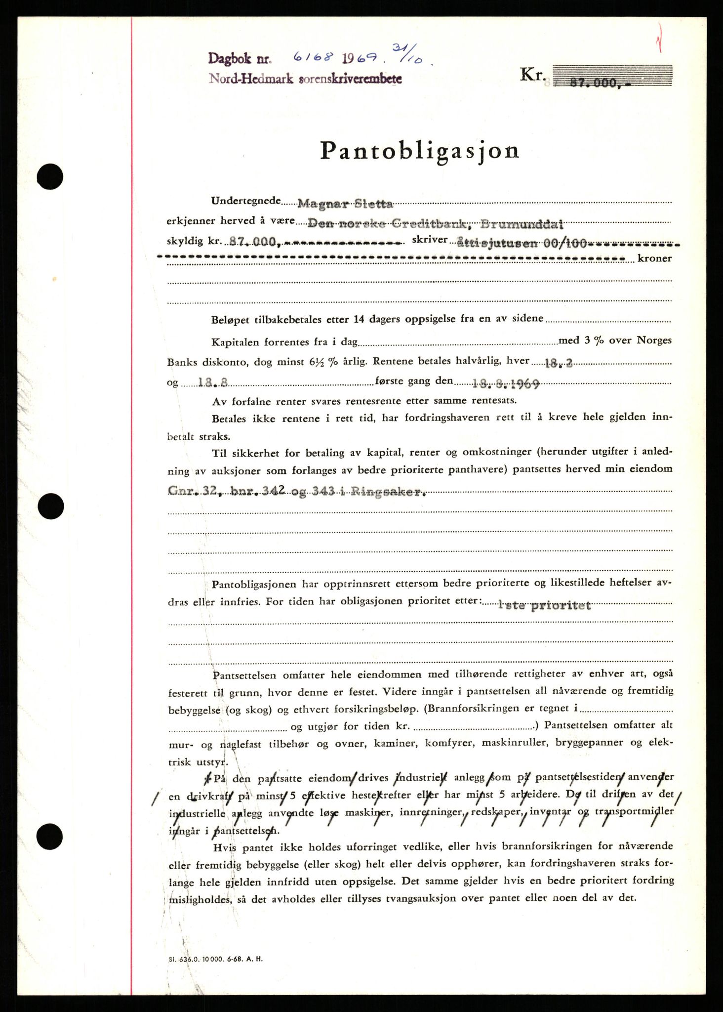 Nord-Hedmark sorenskriveri, SAH/TING-012/H/Hb/Hbf/L0082: Pantebok nr. B82, 1969-1969, Dagboknr: 6168/1969