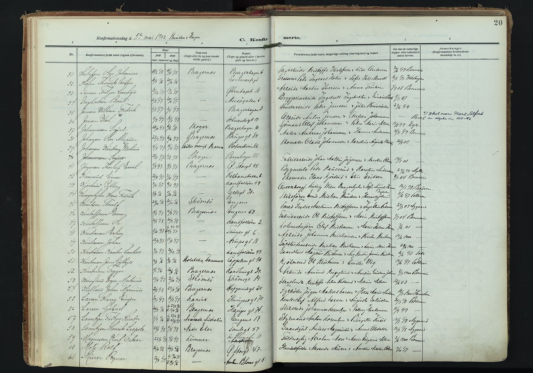 Bragernes kirkebøker, AV/SAKO-A-6/F/Fc/L0008: Ministerialbok nr. III 8, 1909-1921, s. 20