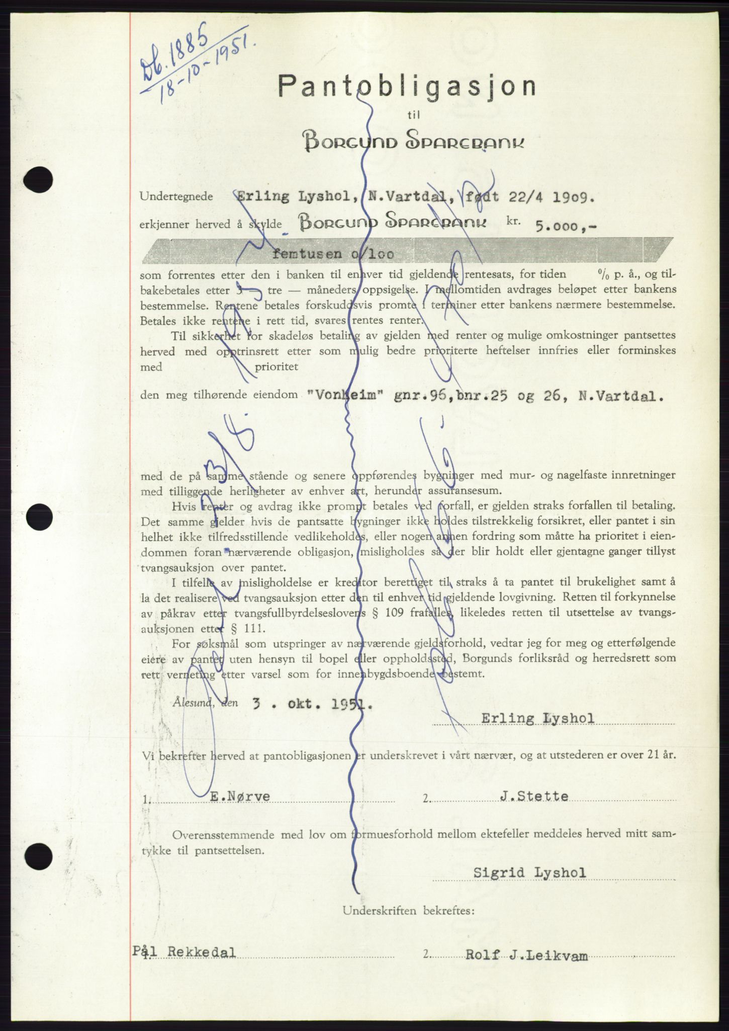Søre Sunnmøre sorenskriveri, AV/SAT-A-4122/1/2/2C/L0120: Pantebok nr. 8B, 1951-1951, Dagboknr: 1885/1951