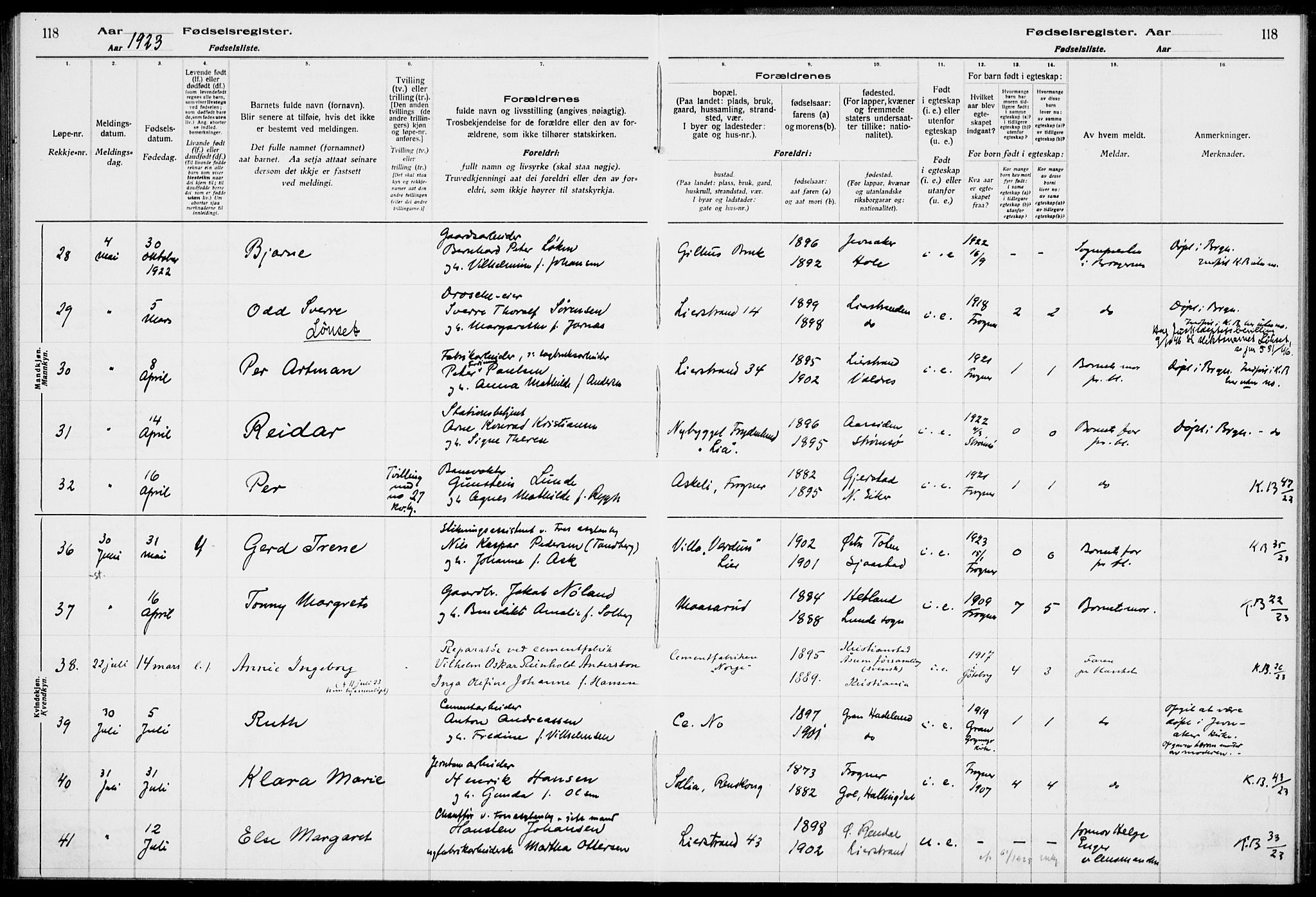 Lier kirkebøker, AV/SAKO-A-230/J/Ja/L0001: Fødselsregister nr. 1, 1916-1928, s. 118