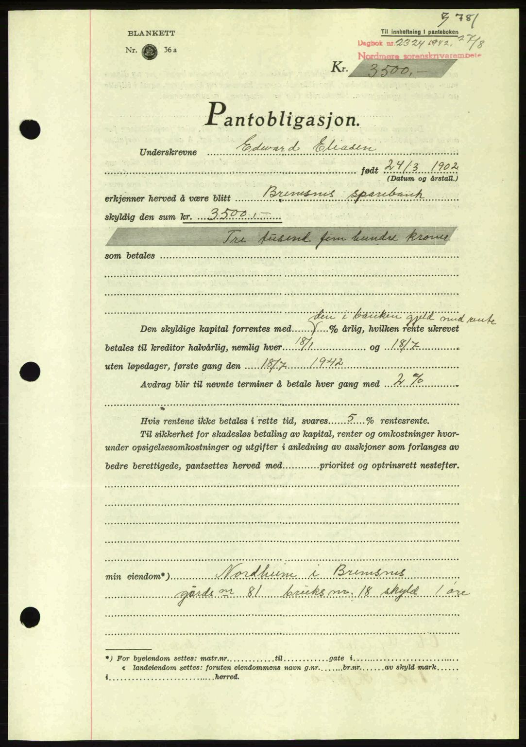 Nordmøre sorenskriveri, AV/SAT-A-4132/1/2/2Ca: Pantebok nr. B89, 1942-1942, Dagboknr: 2324/1942