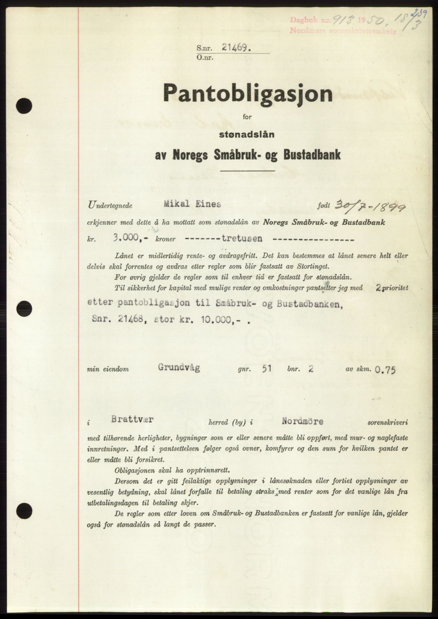 Nordmøre sorenskriveri, SAT/A-4132/1/2/2Ca: Pantebok nr. B104, 1950-1950, Dagboknr: 913/1950
