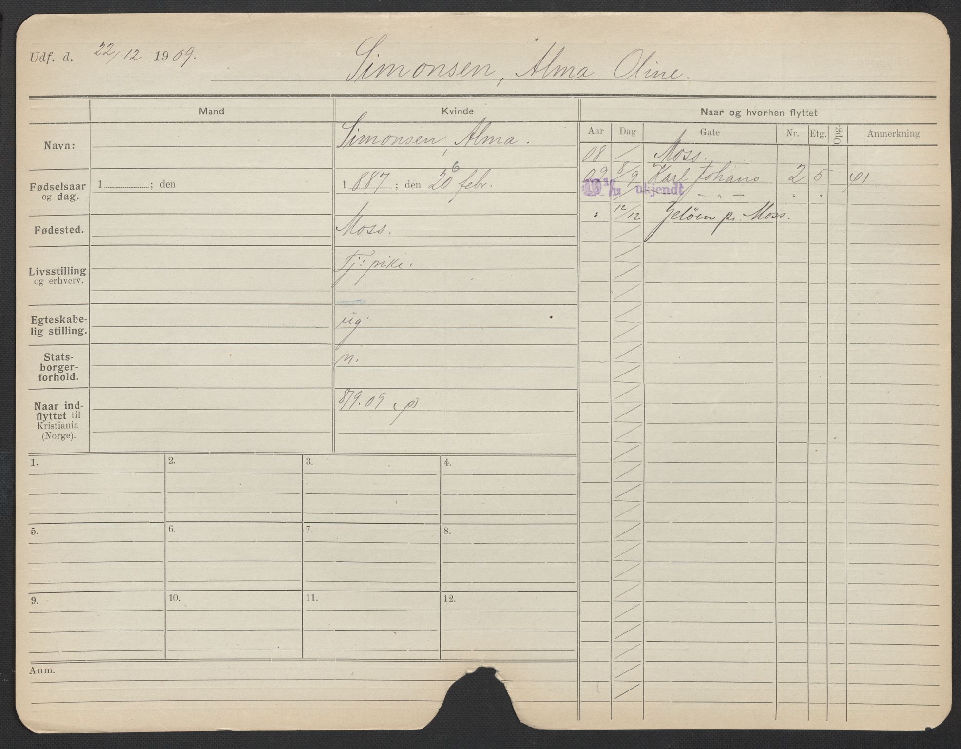 Oslo folkeregister, Registerkort, AV/SAO-A-11715/F/Fa/Fac/L0023: Kvinner, 1906-1914, s. 803a