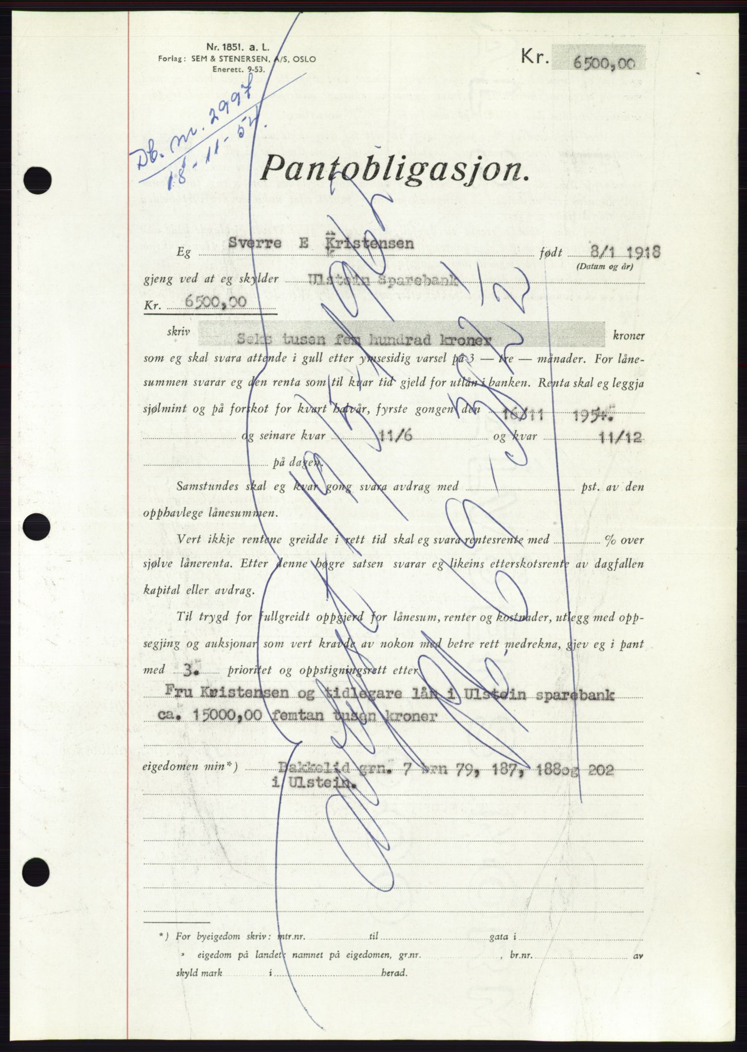 Søre Sunnmøre sorenskriveri, AV/SAT-A-4122/1/2/2C/L0126: Pantebok nr. 14B, 1954-1955, Dagboknr: 2997/1954
