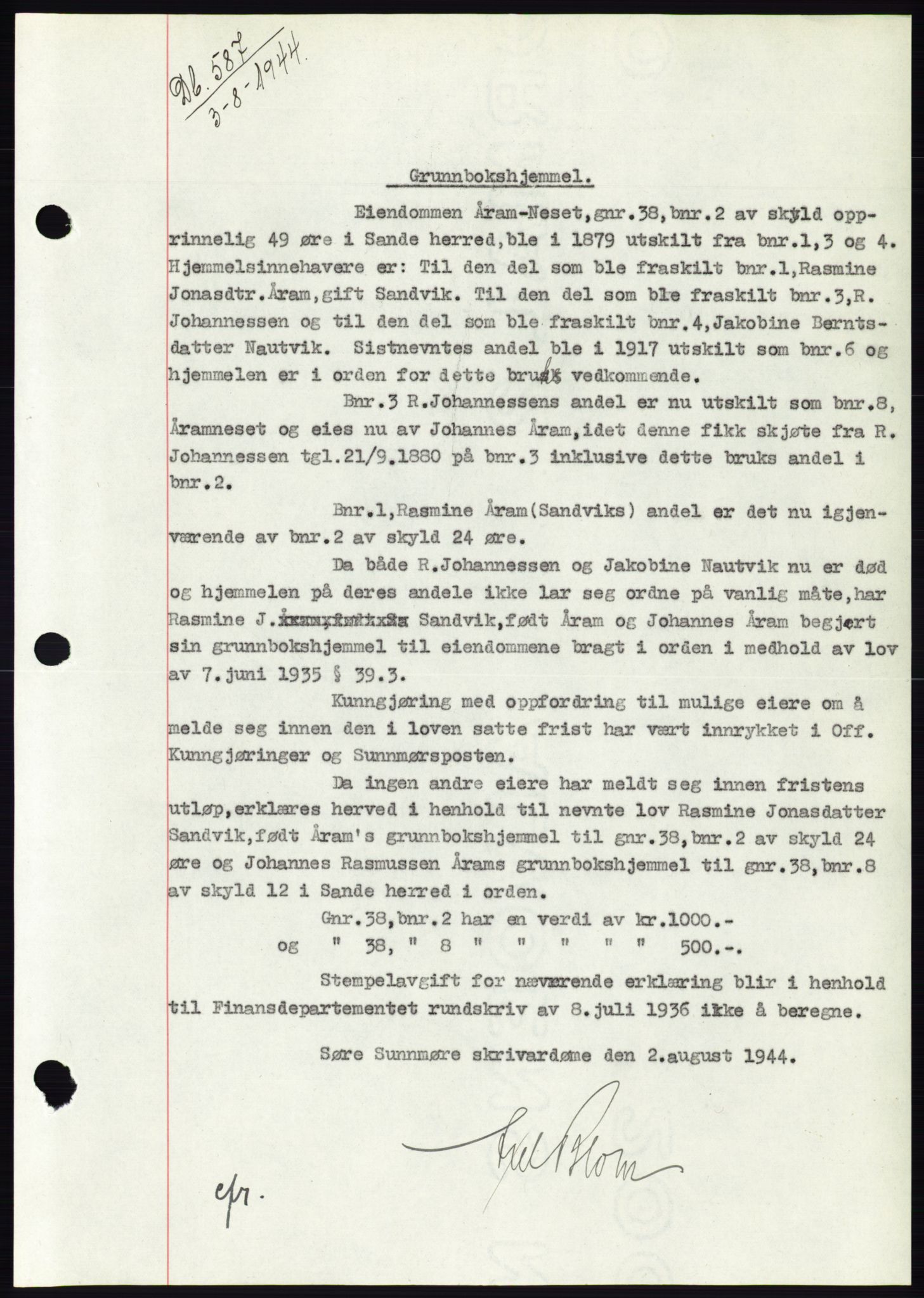 Søre Sunnmøre sorenskriveri, SAT/A-4122/1/2/2C/L0076: Pantebok nr. 2A, 1943-1944, Dagboknr: 587/1944