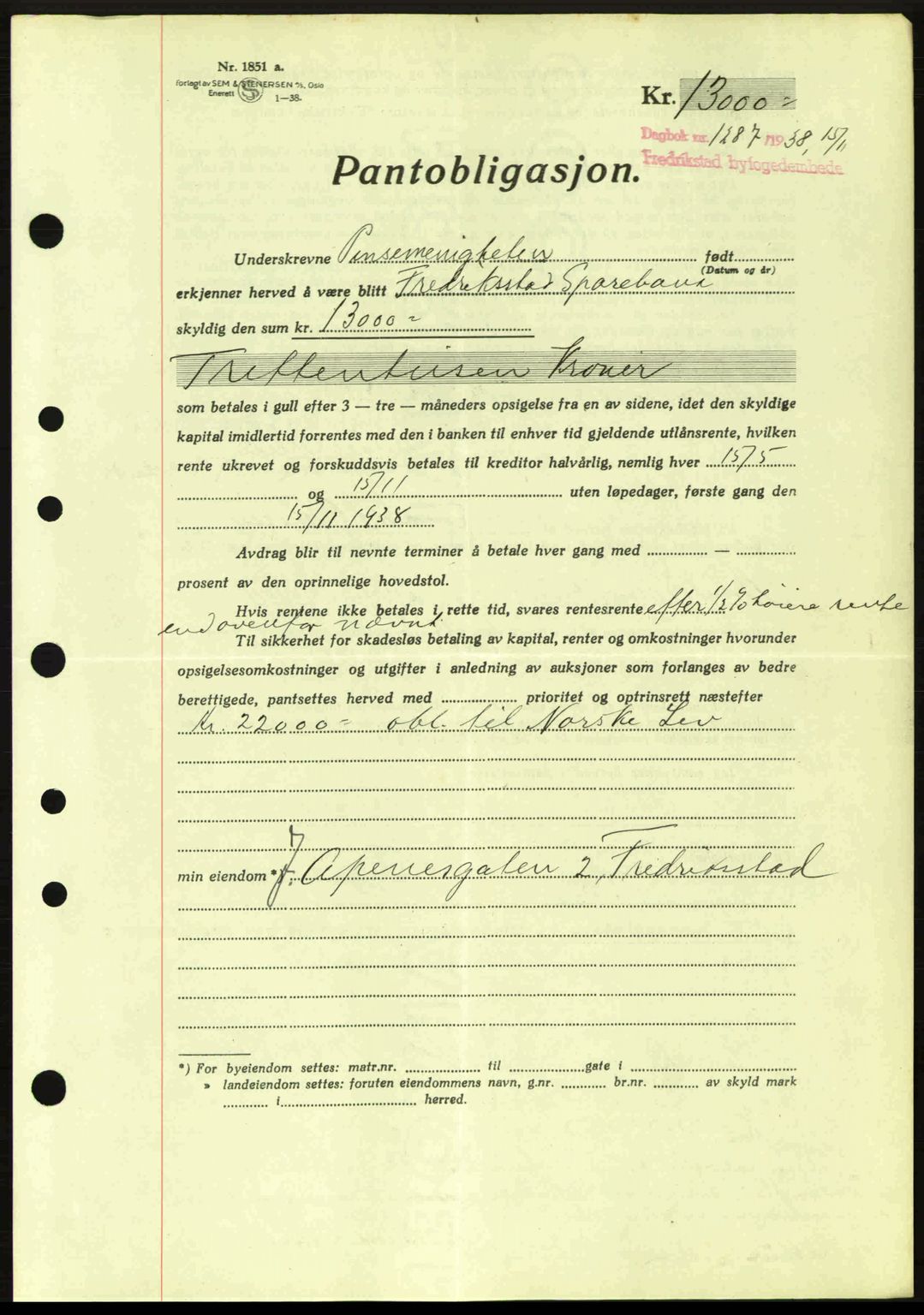 Fredrikstad byfogd, SAO/A-10473a/G/Ga/Gad/L0002: Pantebok nr. B2, 1938-1939, Dagboknr: 1287/1938