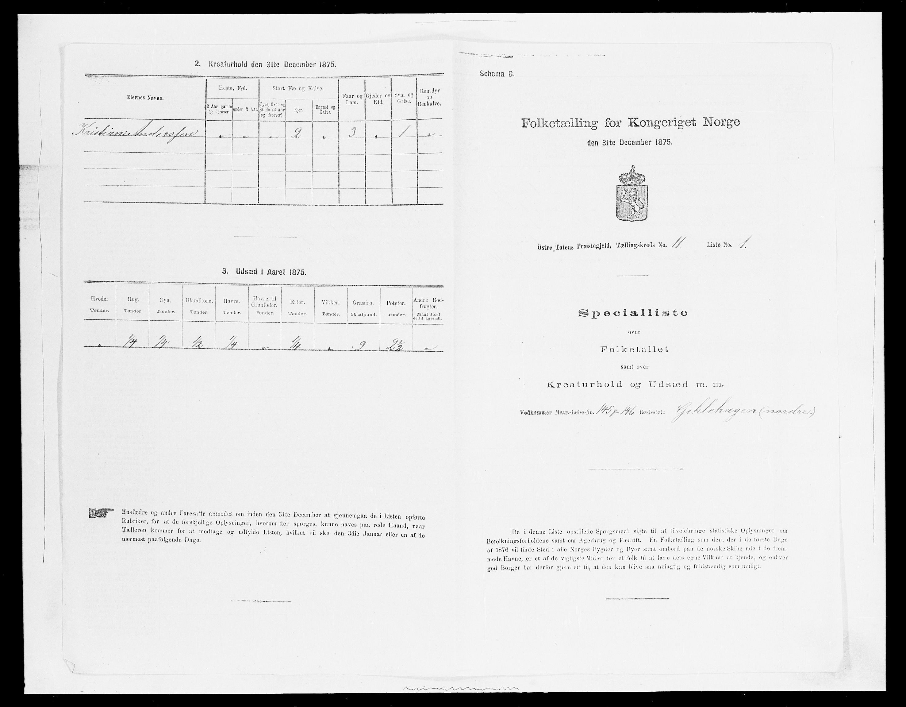 SAH, Folketelling 1875 for 0528P Østre Toten prestegjeld, 1875, s. 1996