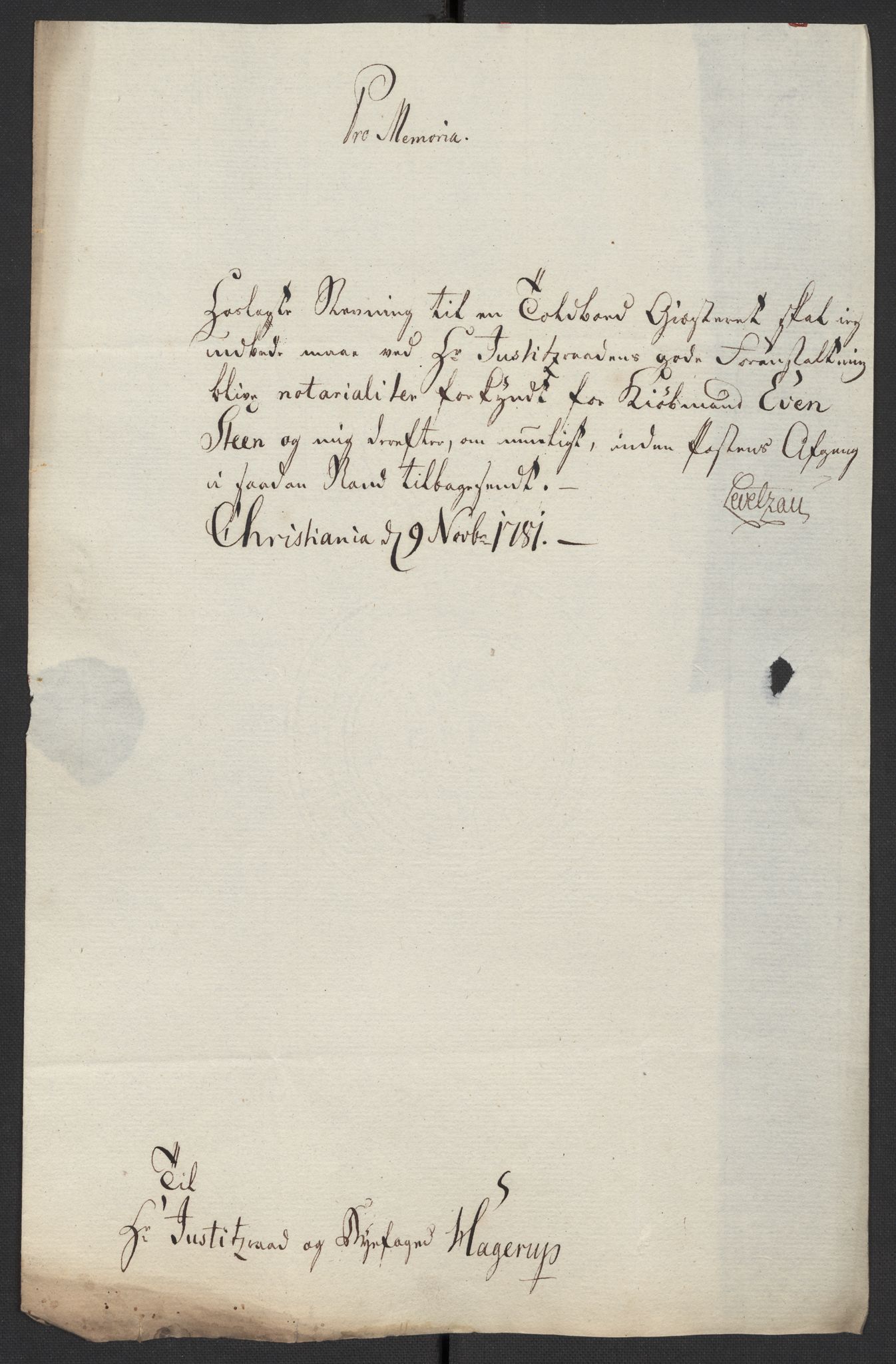Oslo politidistrikt, AV/SAO-A-10085/D/Da/L0003: Innkomne brev, pro memoria m.v., 1781, s. 56