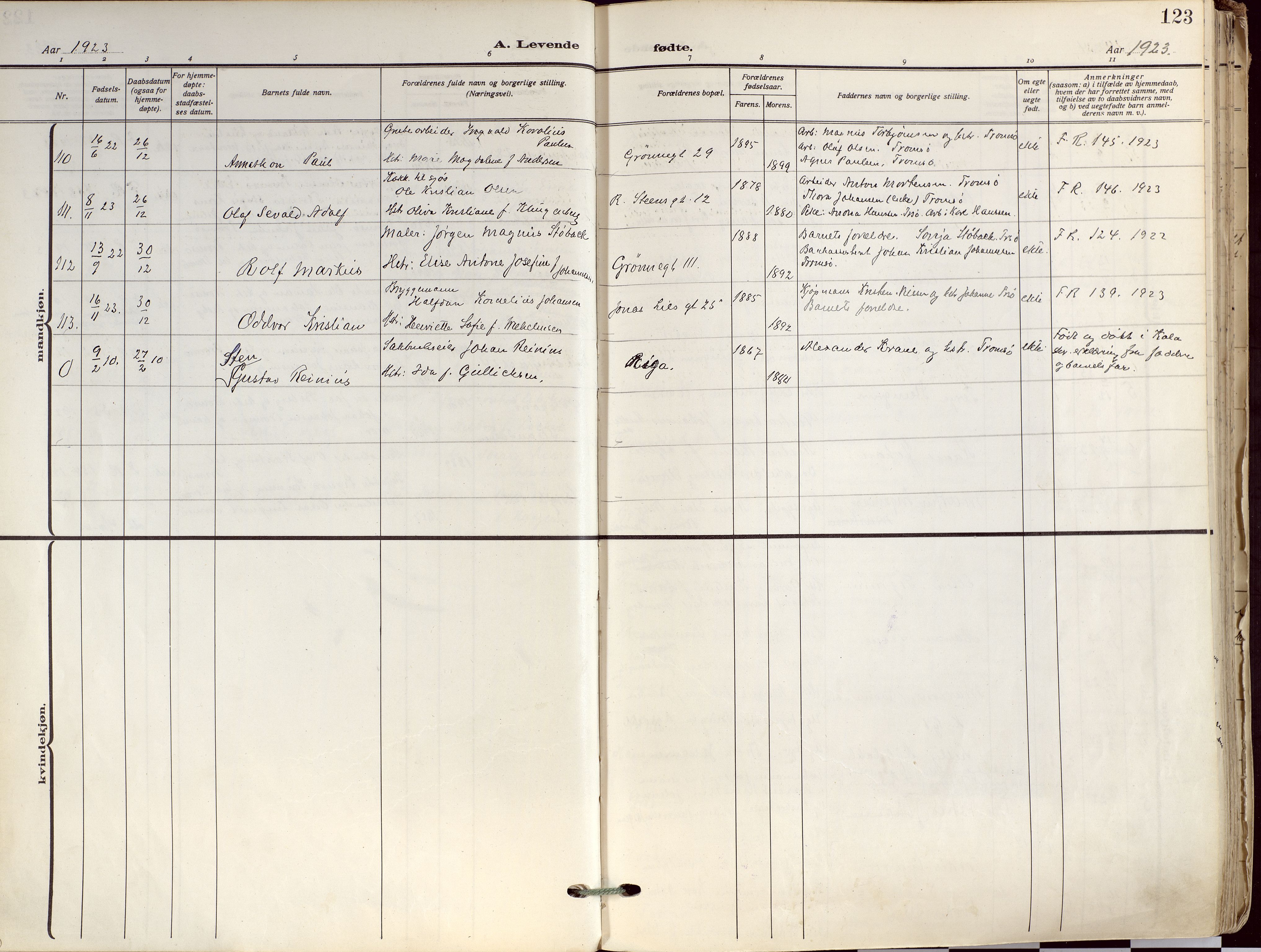 Tromsø sokneprestkontor/stiftsprosti/domprosti, AV/SATØ-S-1343/G/Ga/L0019kirke: Ministerialbok nr. 19, 1917-1927, s. 123