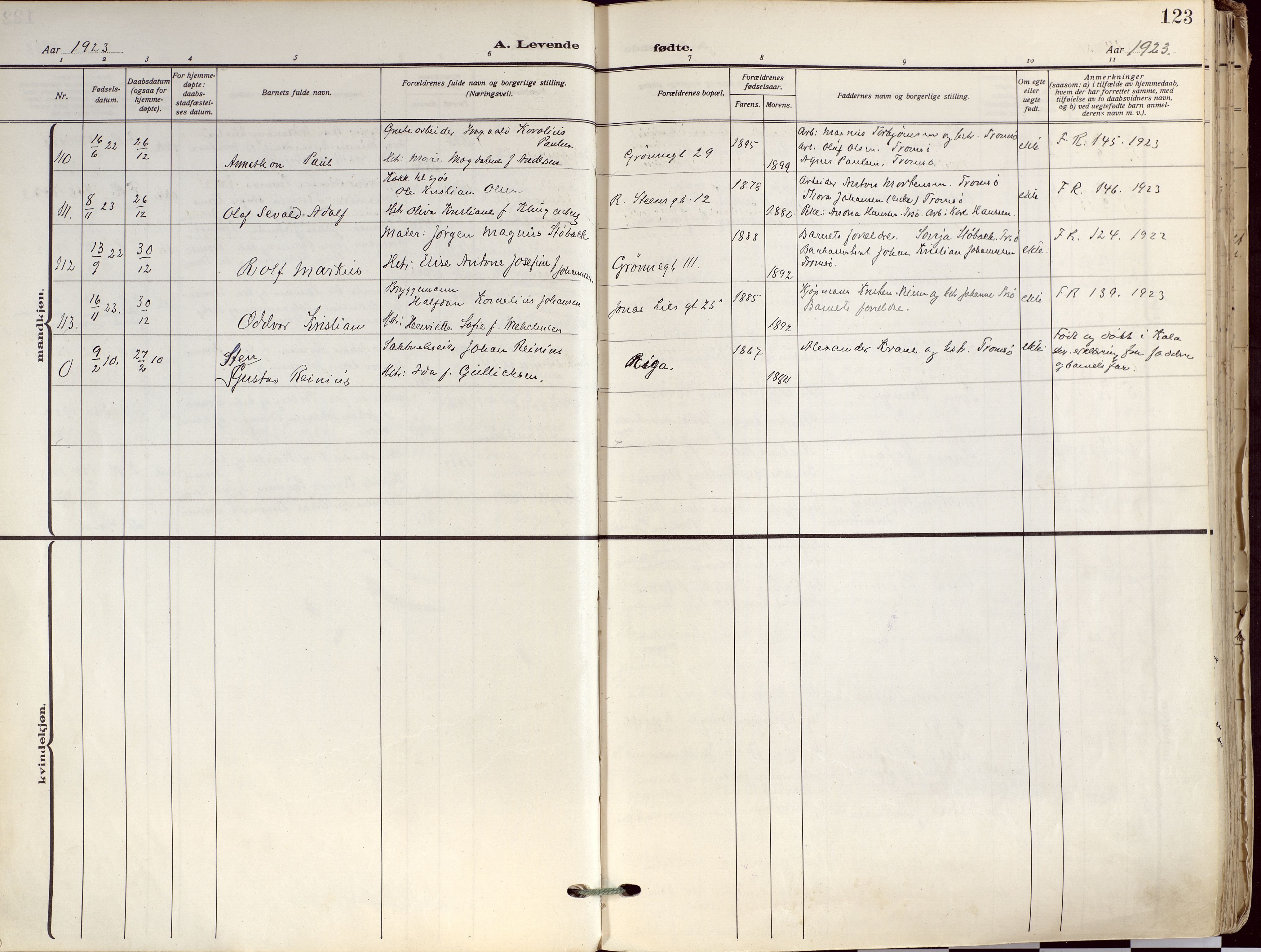 Tromsø sokneprestkontor/stiftsprosti/domprosti, SATØ/S-1343/G/Ga/L0019kirke: Ministerialbok nr. 19, 1917-1927, s. 123