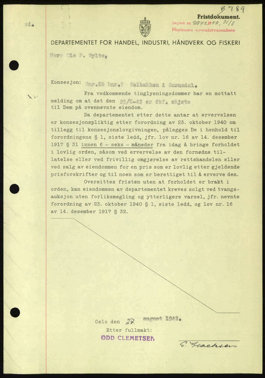 Nordmøre sorenskriveri, AV/SAT-A-4132/1/2/2Ca: Pantebok nr. B89, 1942-1942, Dagboknr: 2342/1942