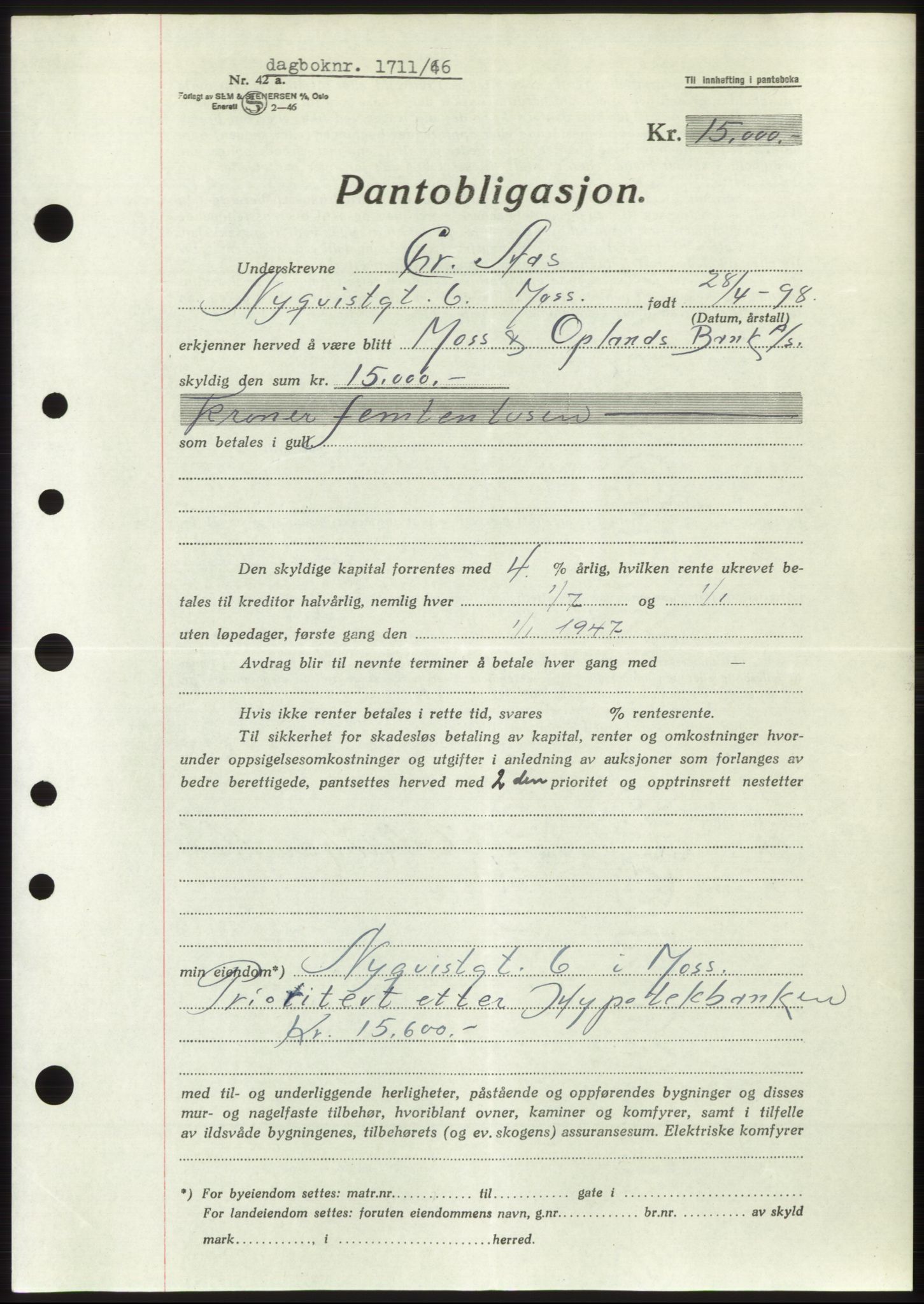 Moss sorenskriveri, SAO/A-10168: Pantebok nr. B15, 1946-1946, Dagboknr: 1711/1946