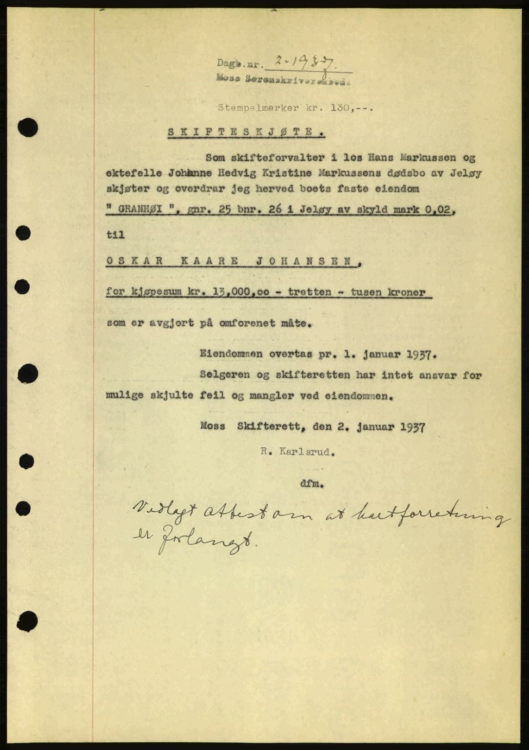 Moss sorenskriveri, SAO/A-10168: Pantebok nr. A2, 1936-1937, Dagboknr: 2/1936