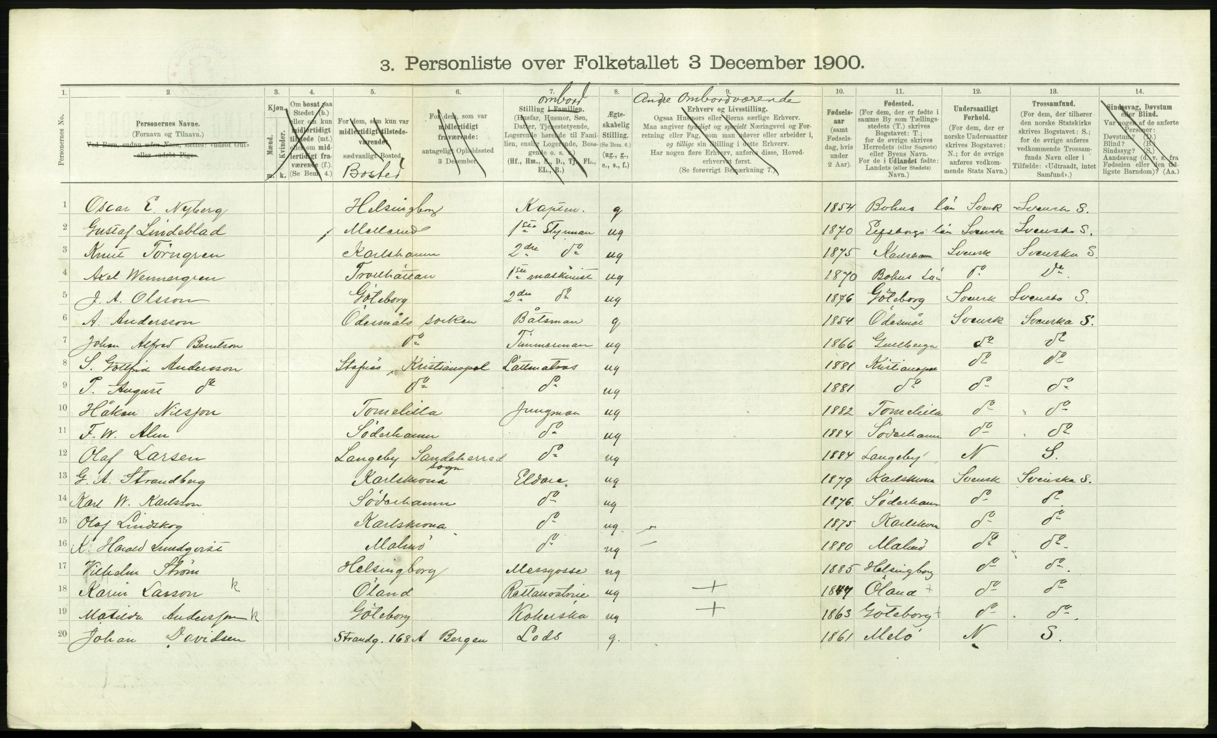 RA, Folketelling 1900 - skipslister med personlister for skip i norske havner, utenlandske havner og til havs, 1900, s. 2530