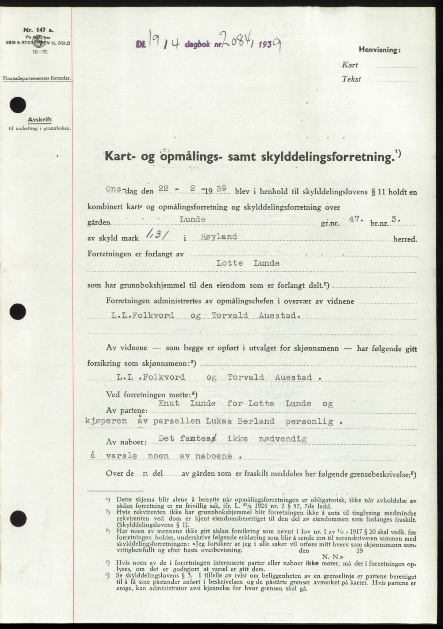 Jæren sorenskriveri, SAST/A-100310/03/G/Gba/L0074: Pantebok, 1939-1939, Dagboknr: 2084/1939